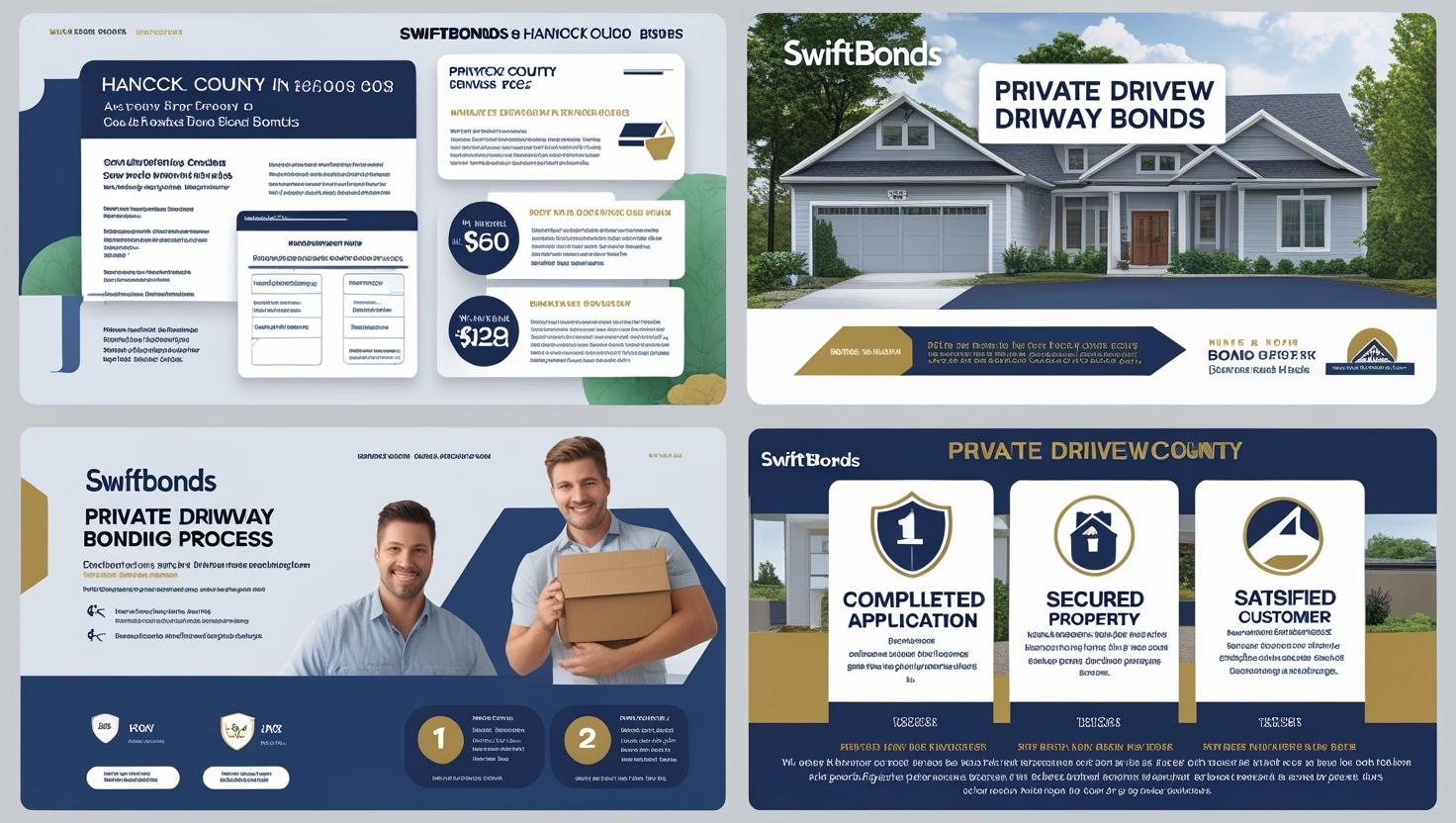 Step-by-step Private Driveway Bonding Process infographic featuring Swiftbonds, driveway visuals, and customer success flow.