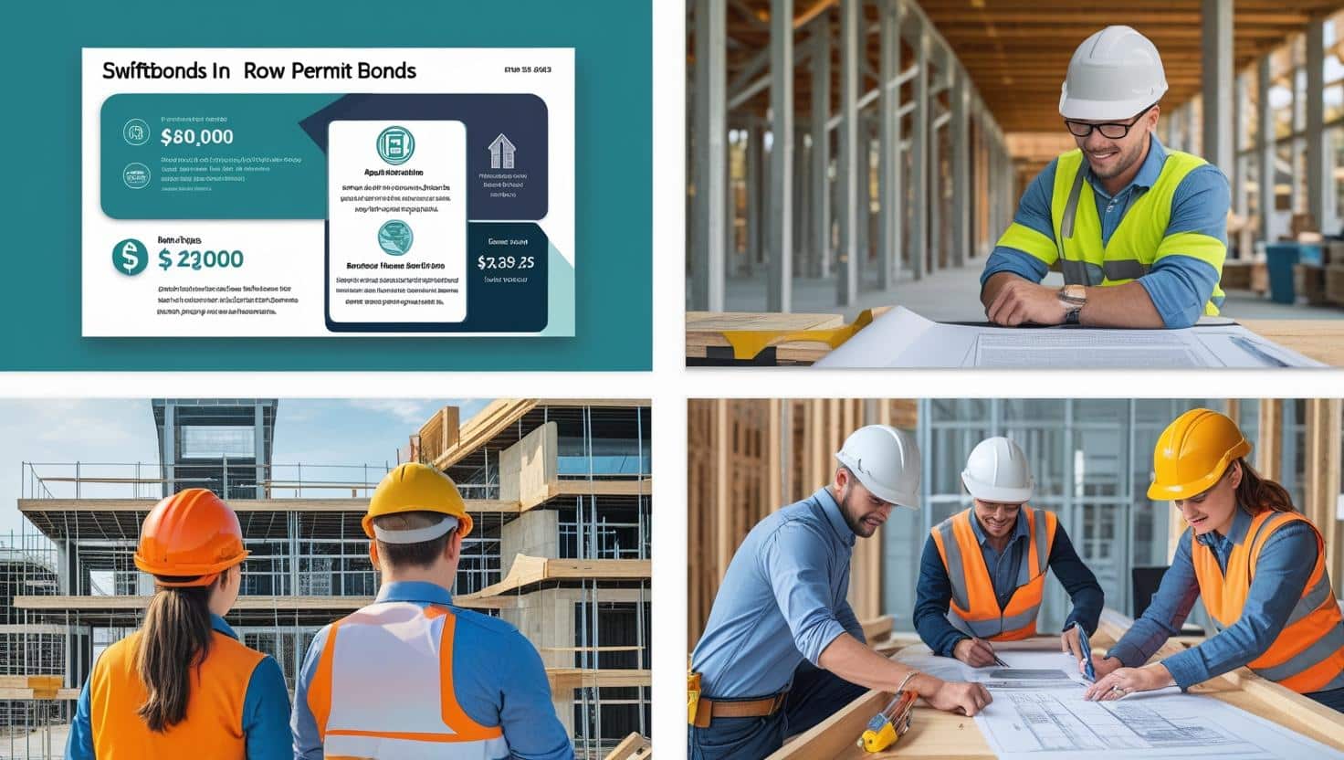 Construction professionals reviewing blueprints with SwiftBonds bond cost infographic for Hobart, IN ROW Permit Bonds.