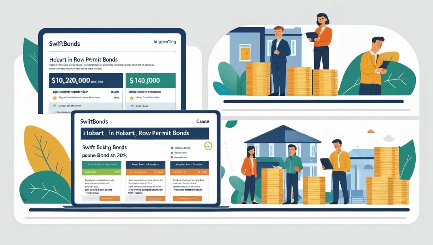 Illustrated SwiftBonds digital dashboard showing Hobart ROW Permit Bond costs with contractors and clients exchanging funds.