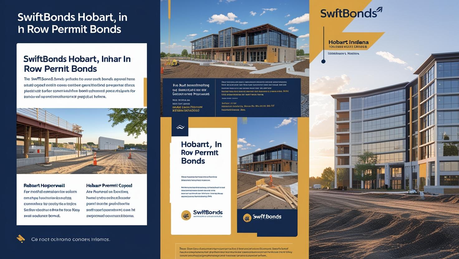 SwiftBonds promotional flyer with construction visuals and commercial buildings for Hobart, IN ROW Permit Bonds.