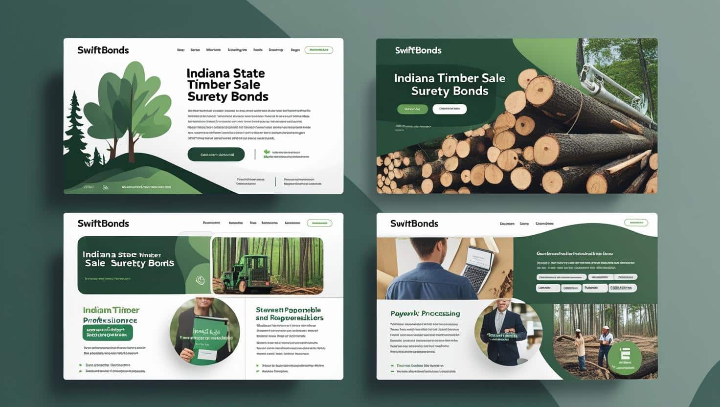 Website mockup design for Indiana State Timber Sale Surety Bonds with forestry elements.