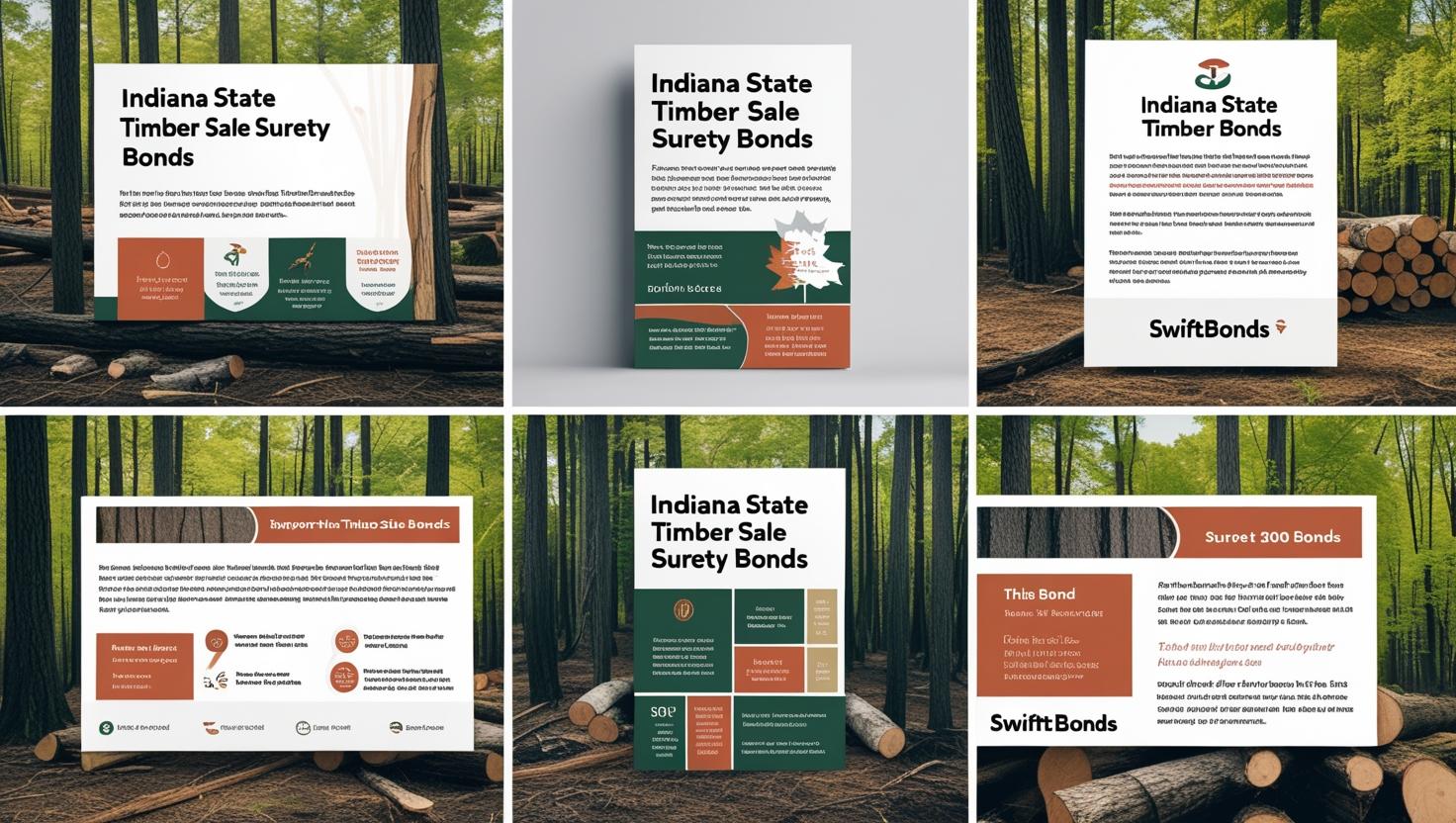 Set of poster-style graphics explaining Indiana timber sale surety bond requirements.