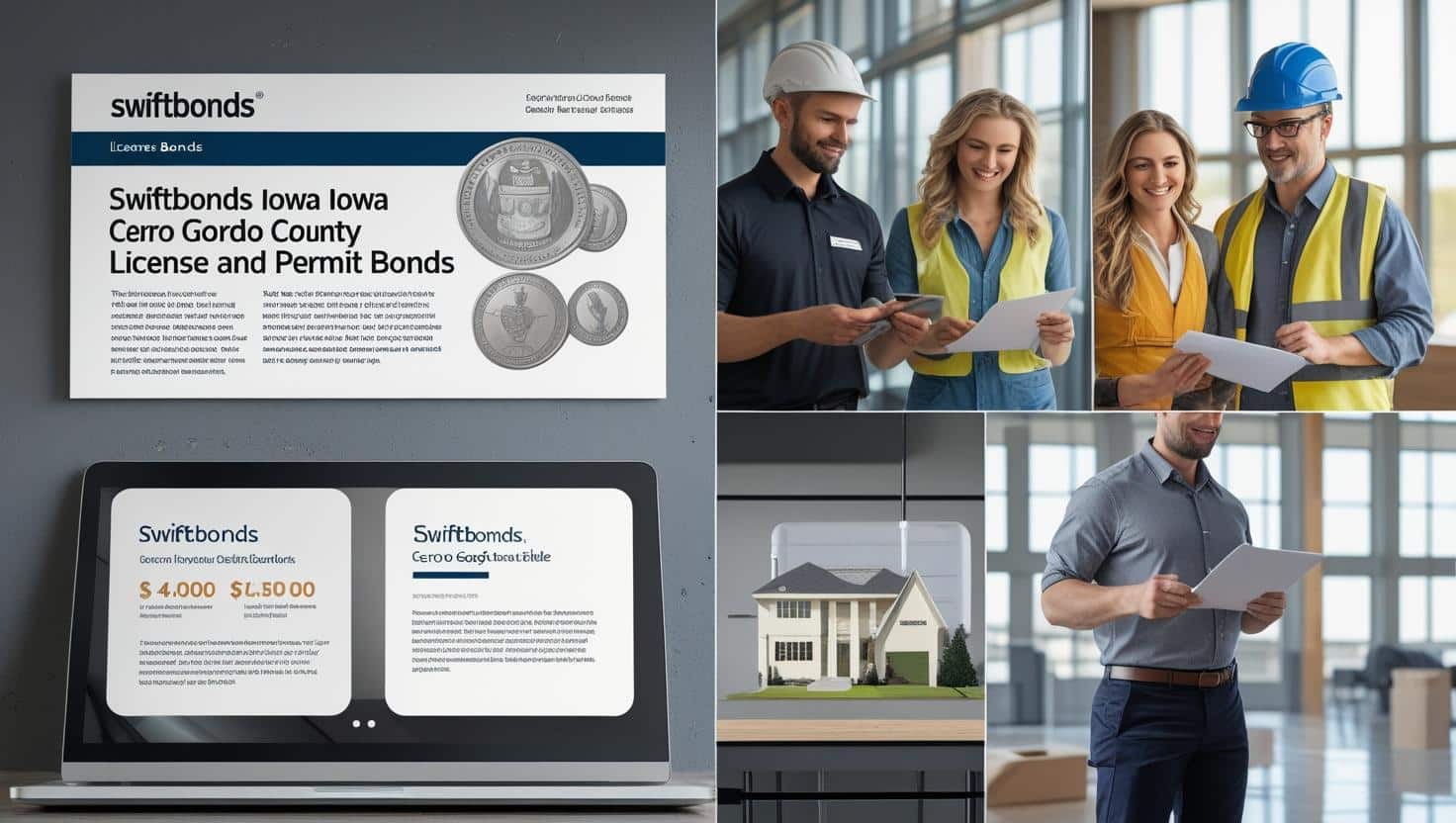SwiftBonds Iowa Cerro Gordo County license and permit bonds presentation with contractors, documents, and bond details.