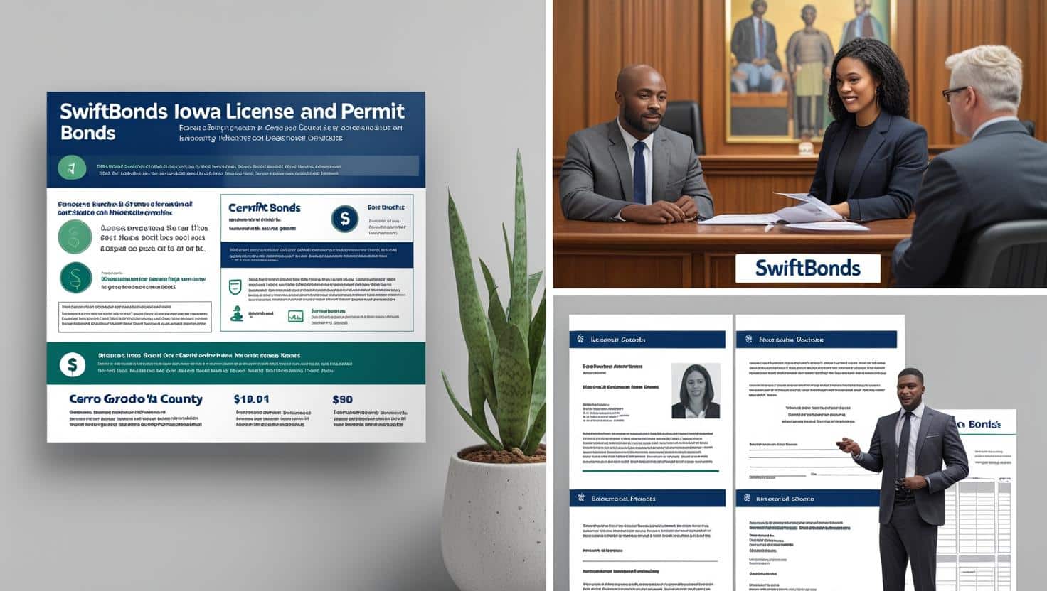 SwiftBonds Iowa license and permit bonds poster with courthouse imagery and professionals discussing bonding requirements.