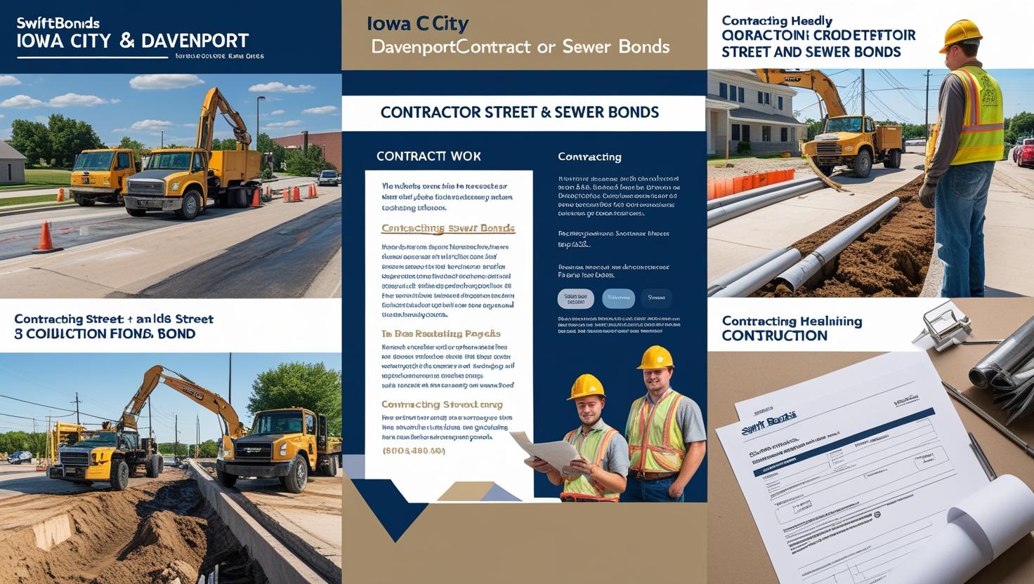 Infographic and on-site construction visuals of Davenport contractor sewer bond work with heavy machinery and workers.