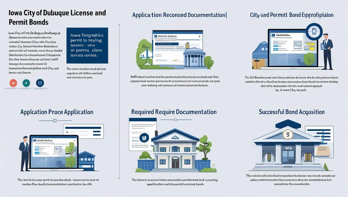 Infographic showing the Iowa City of Dubuque License and Permit Bond process, including application steps and required documentation.