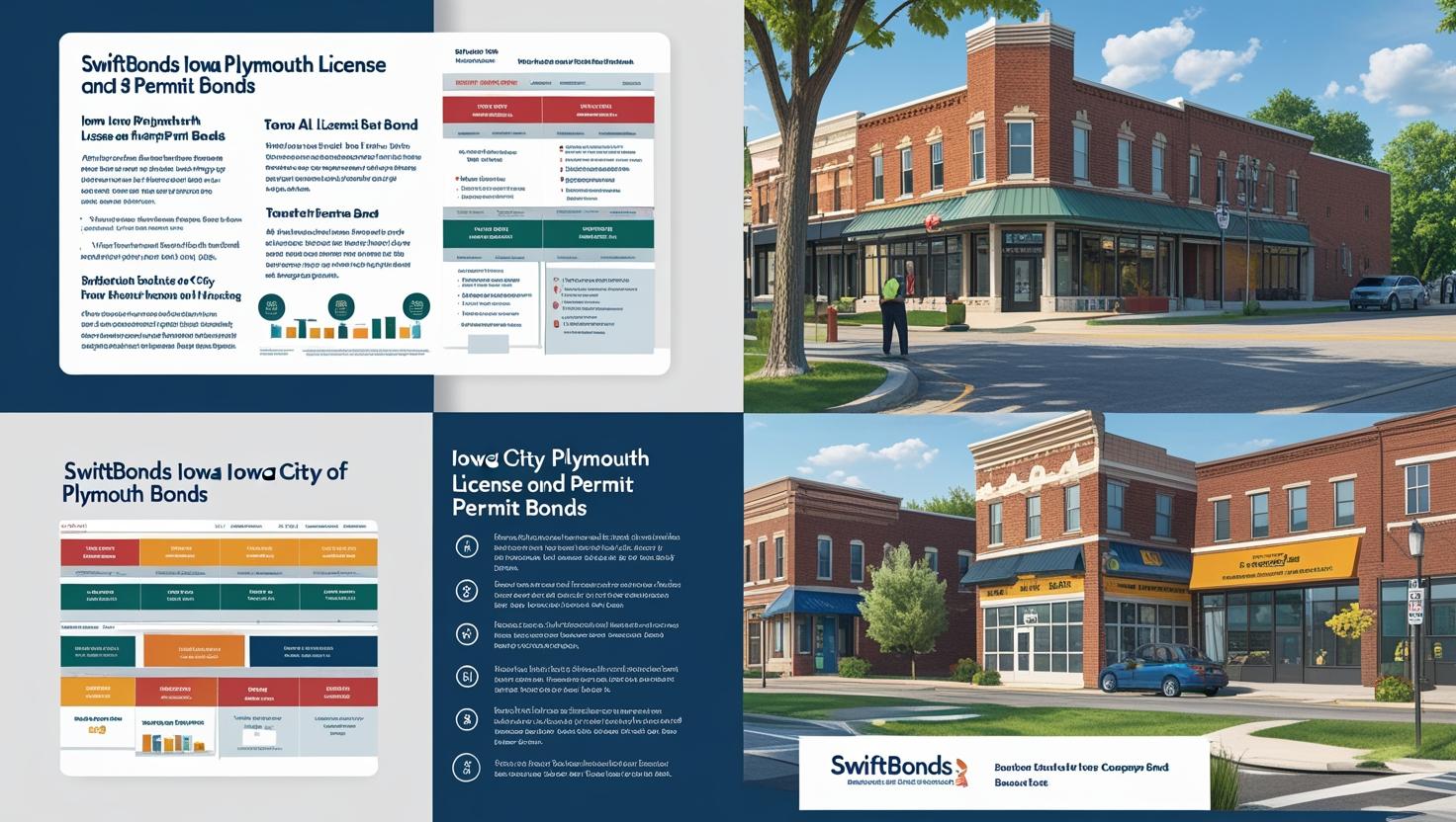 Visual guide showing Plymouth bond requirements alongside images of downtown buildings and city infrastructure.