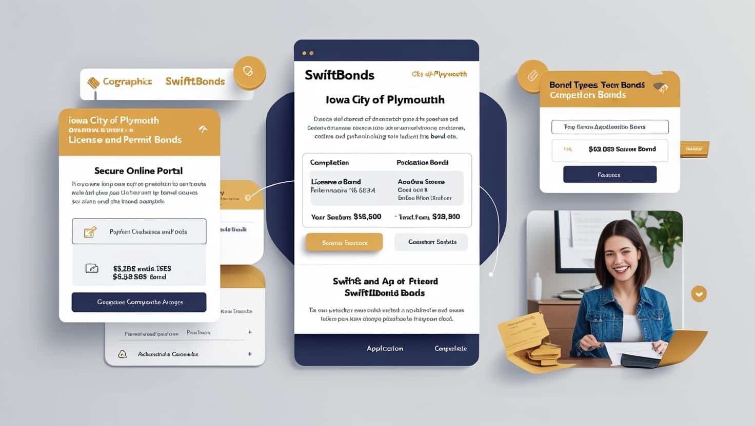 Modern infographic highlighting Plymouth license and permit bonds with online application features and smiling applicant.