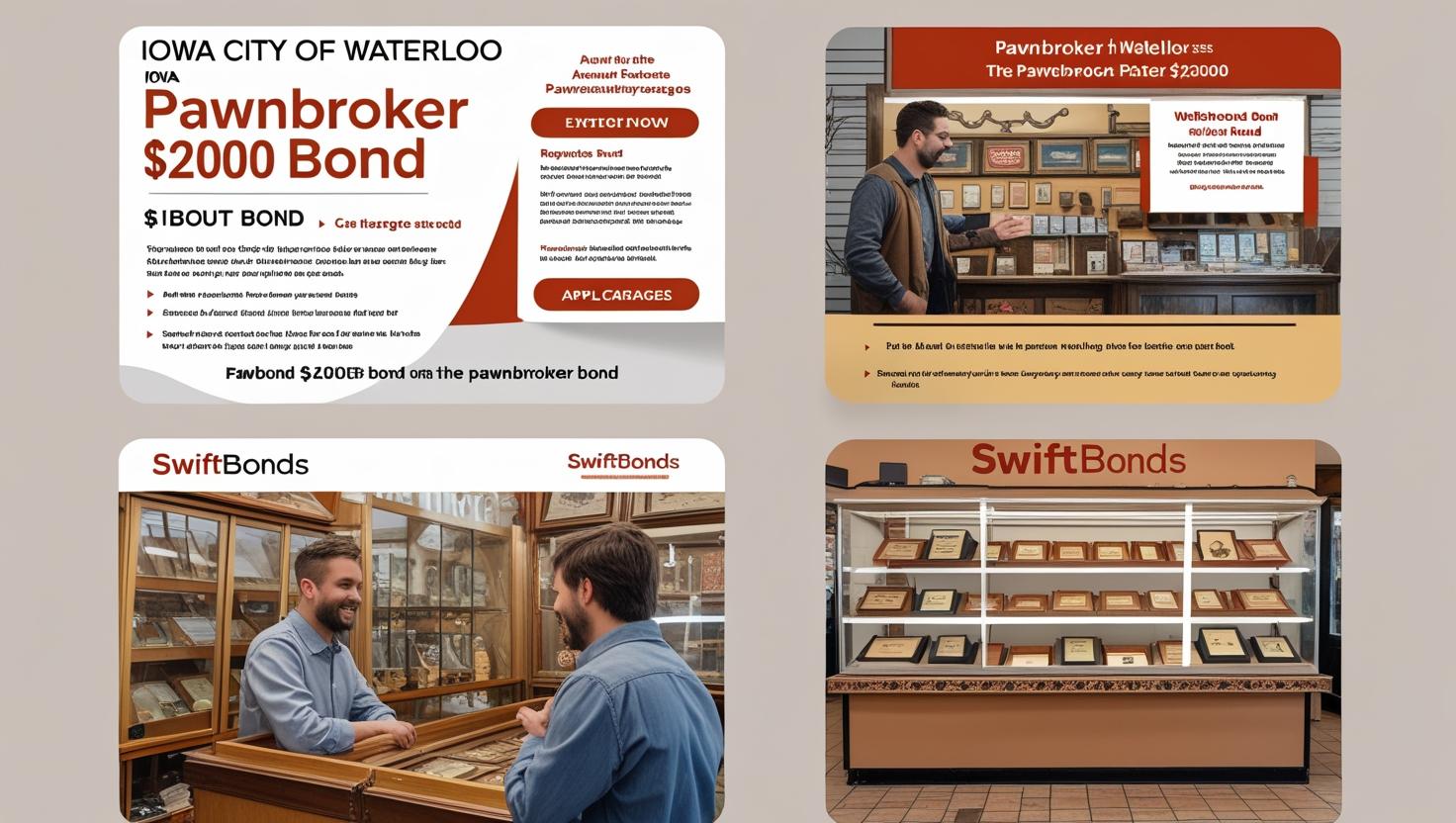 Posters and displays explaining the Iowa City of Waterloo Pawnbroker $2,000 Bond with shopkeeper interactions.