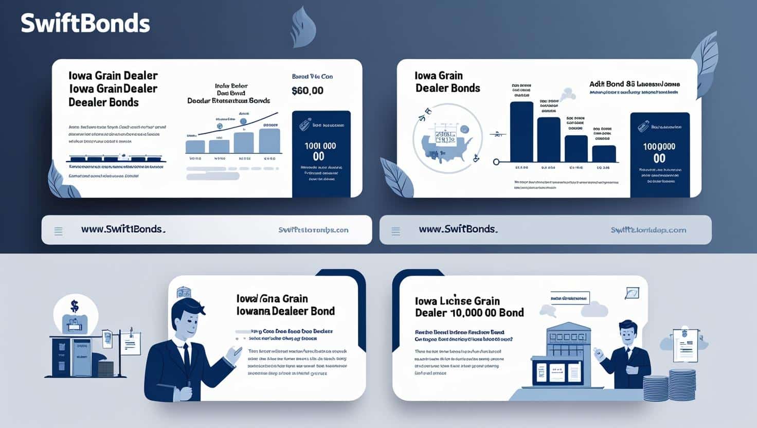 Graphic layout explaining Iowa Grain Dealer Bonds with charts, maps, and bond details.