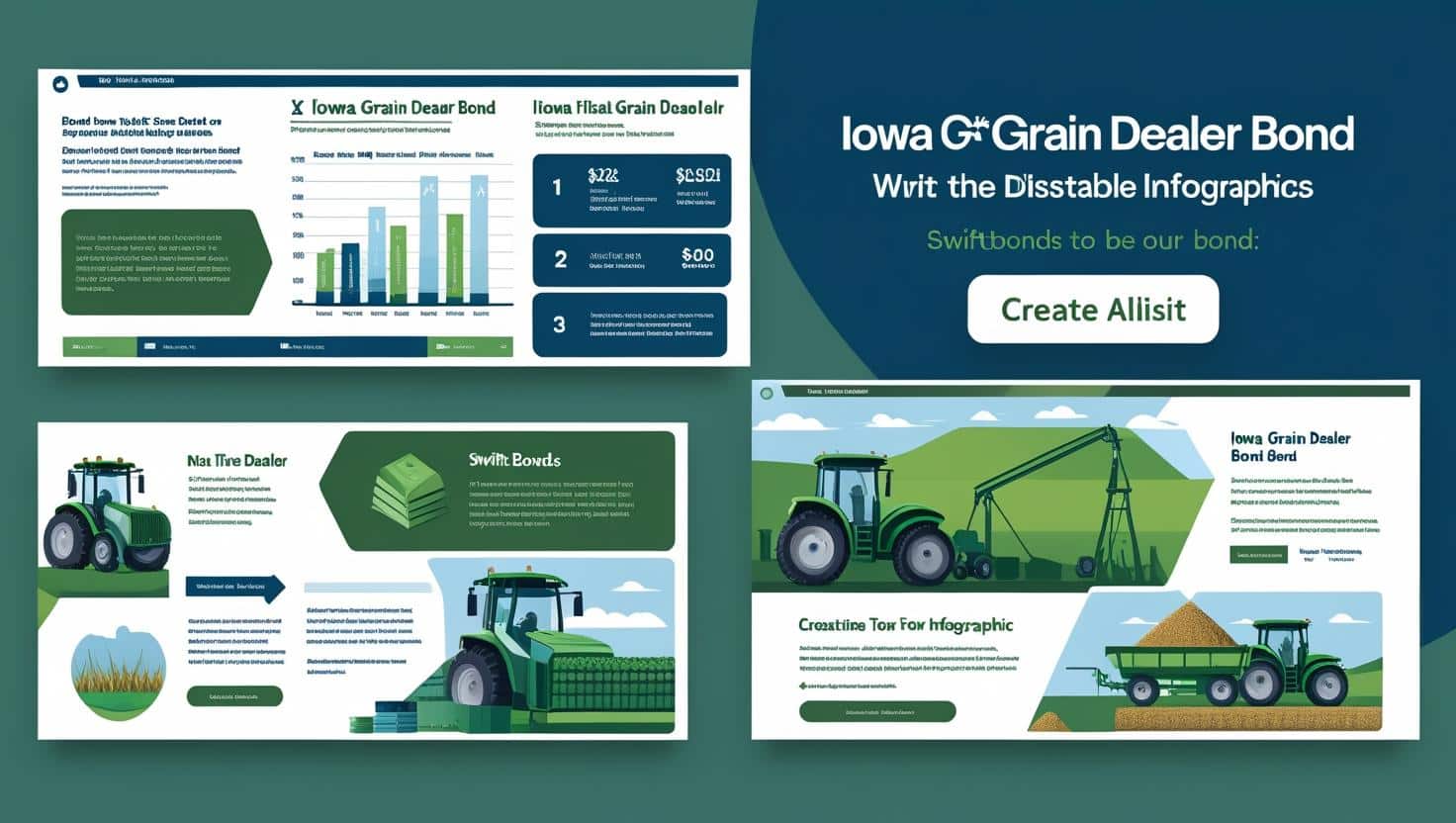 Infographic showing Iowa Grain Dealer Bond requirements with charts, tractors, and grain visuals.