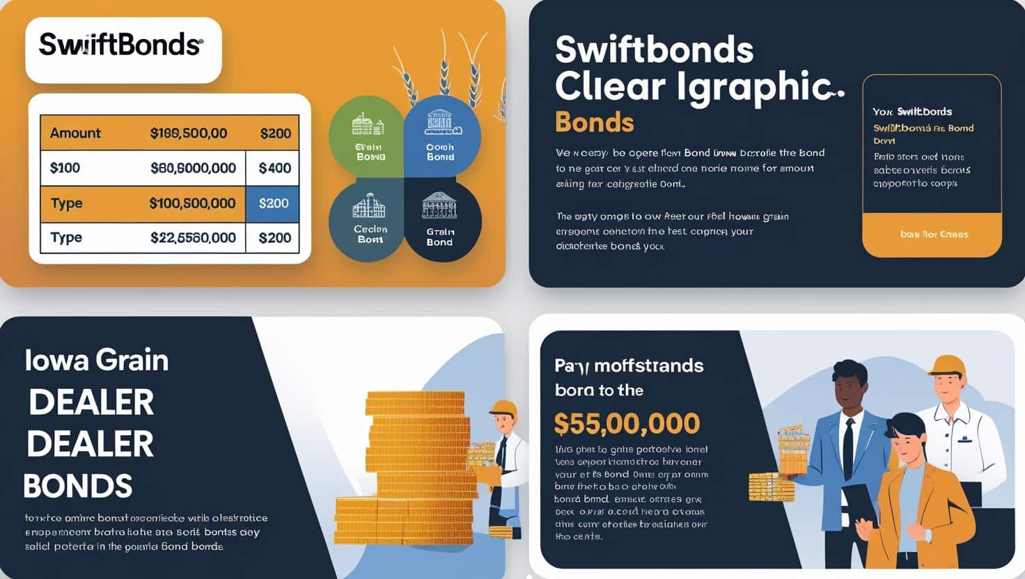 Illustration of Iowa Grain Dealer Bonds with cost breakdowns, bond types, and dealer images.