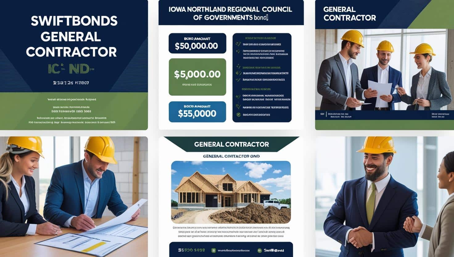 Collage of contractors reviewing plans and bond charts highlighting Iowa INRCOG ,000 General Contractor Bond requirements.
