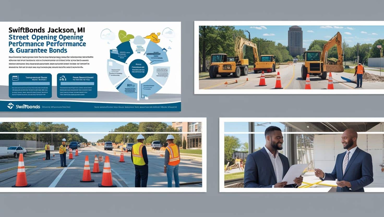 Construction-focused infographic of Jackson, MI street opening bonds with workers, heavy machinery, and agreement documents.