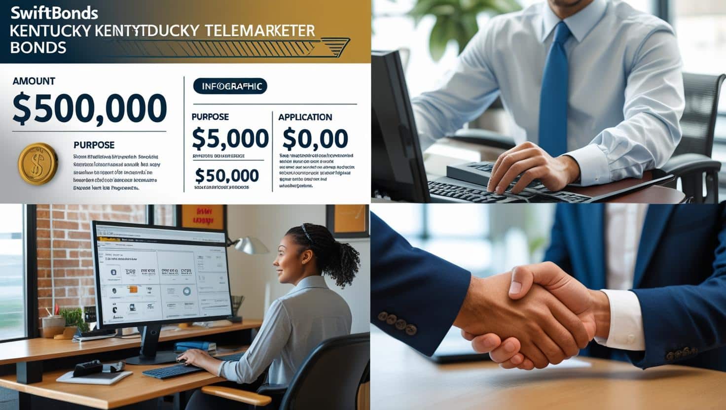 Infographic and business imagery showcasing Kentucky telemarketer bond purposes, costs, and approval process.