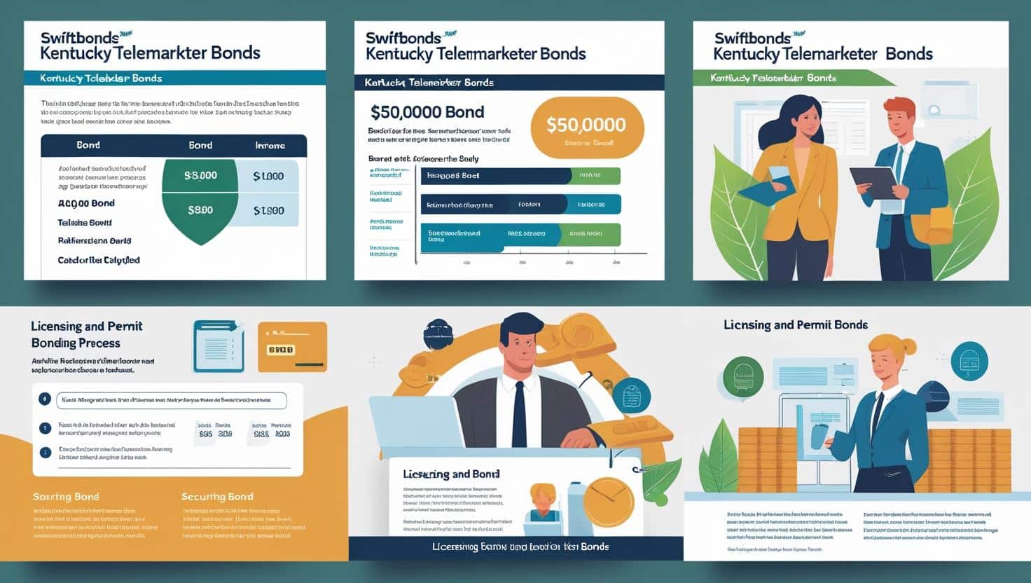 Infographic explaining Kentucky telemarketer bond amounts, requirements, and licensing steps.