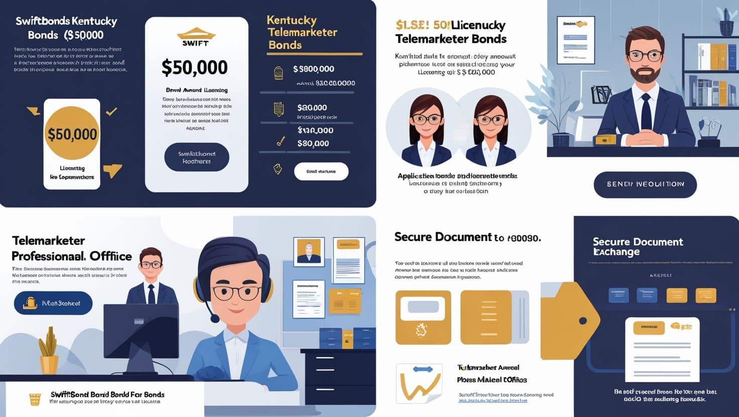 Illustrated guide highlighting the $50,000 Kentucky telemarketer bond process with professionals and secure documents.