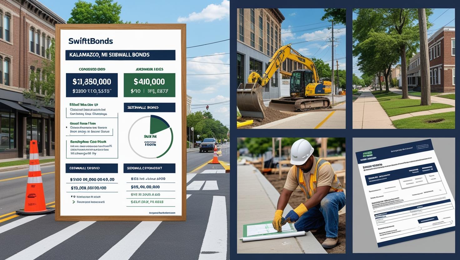 Infographic board with construction scenes highlighting the Kalamazoo, MI ,000 sidewalk bond process and requirements.