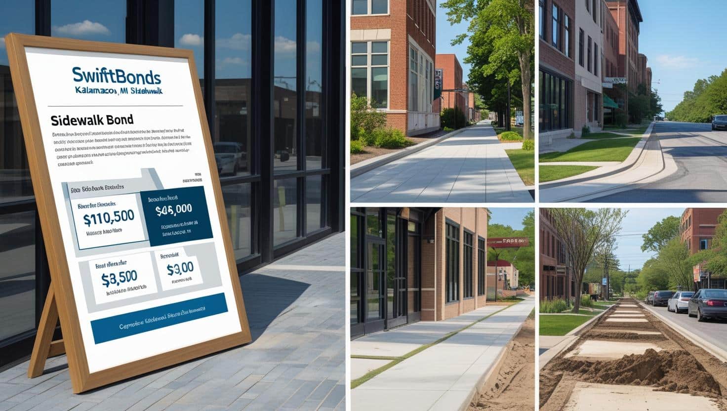 Infographic board and street views showcasing the Kalamazoo, MI $5,000 sidewalk bond and sidewalk construction progress.