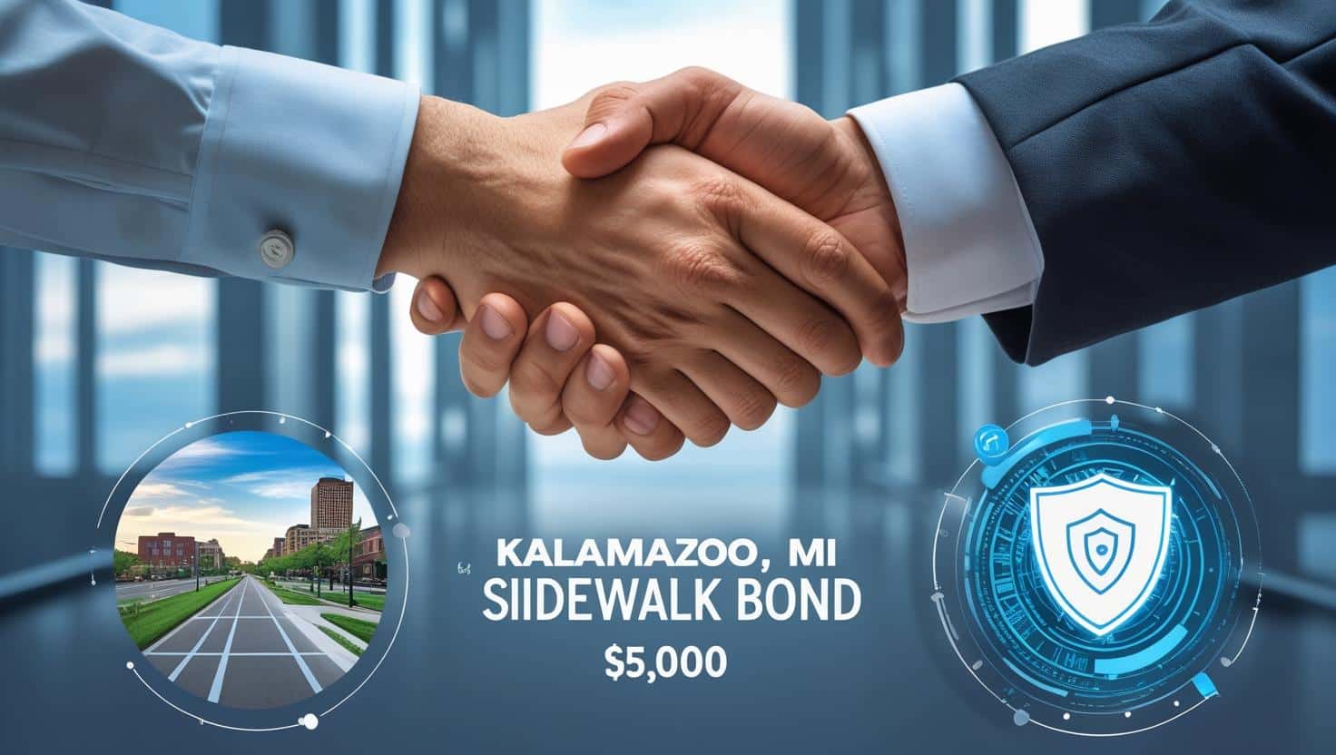 Handshake with icons representing the Kalamazoo, MI $5,000 sidewalk bond agreement and protection.
