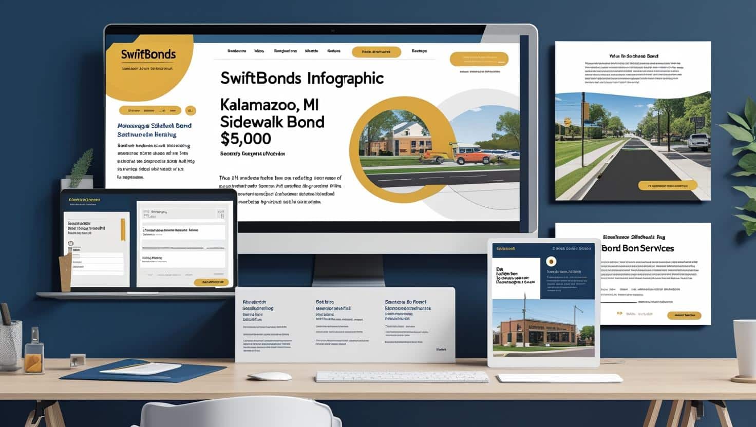 Desktop setup displaying SwiftBonds infographic about the Kalamazoo, MI ,000 sidewalk bond.