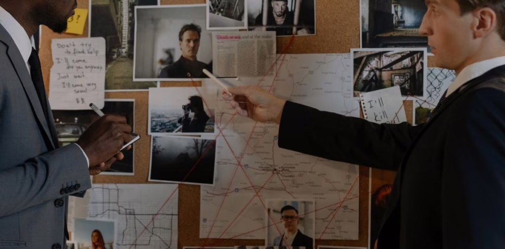 Two detectives discussing leads in front of evidence board with maps, notes, and suspect photos.