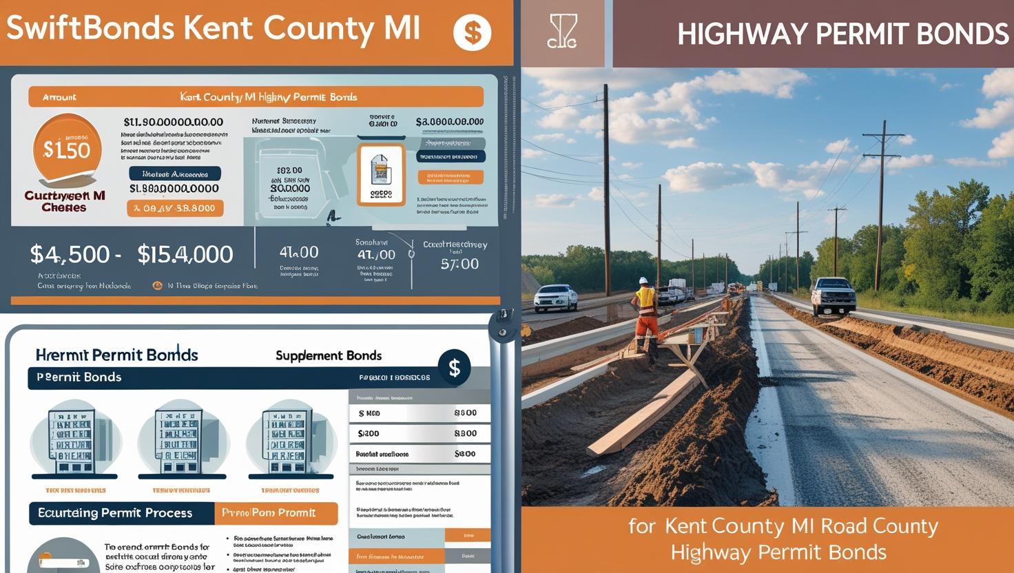 Infographic and construction site showing details of Kent County, MI Highway Permit Bonds.