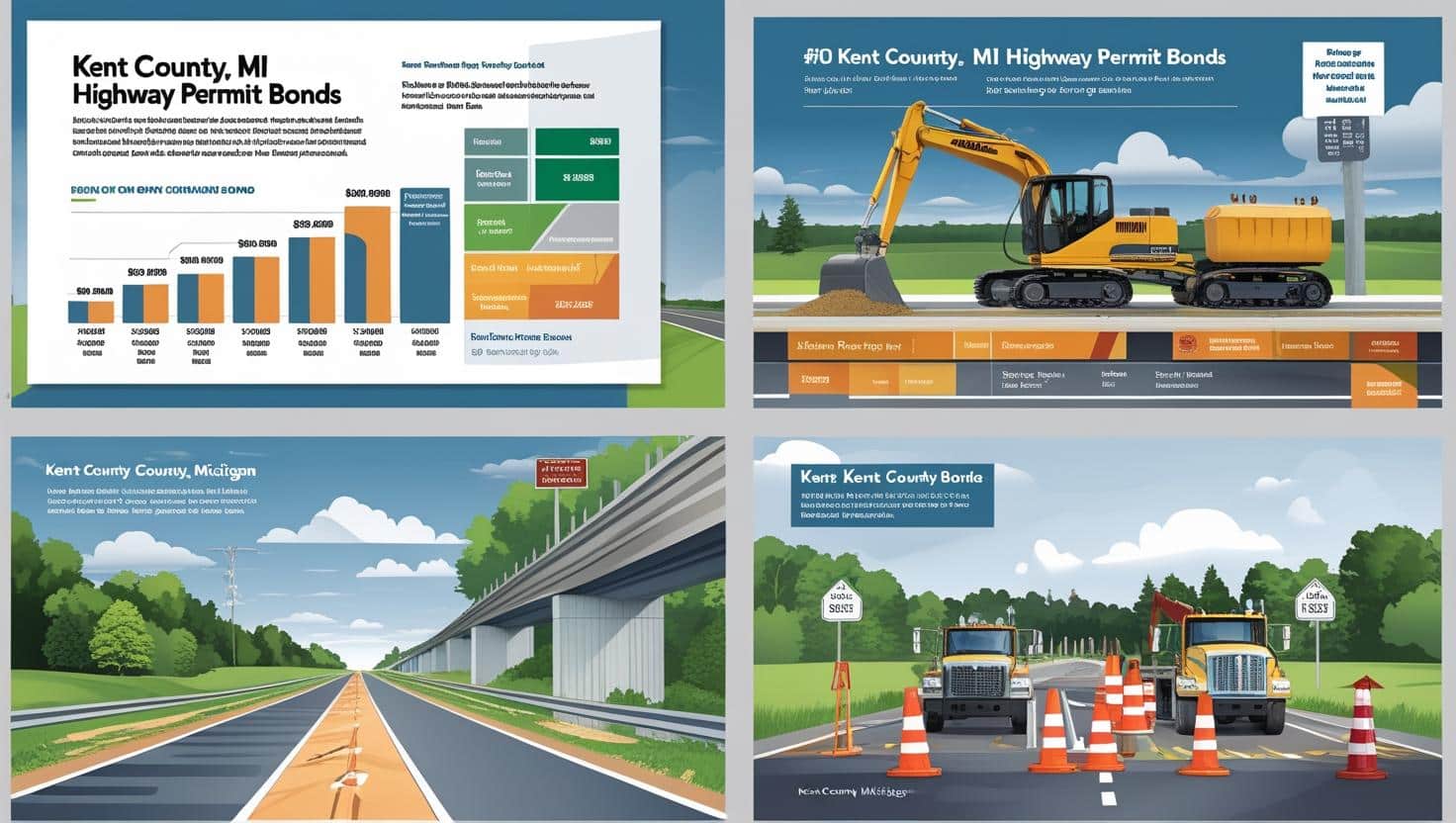 Infographics and construction equipment illustrating Kent County, MI Highway Permit Bond requirements.