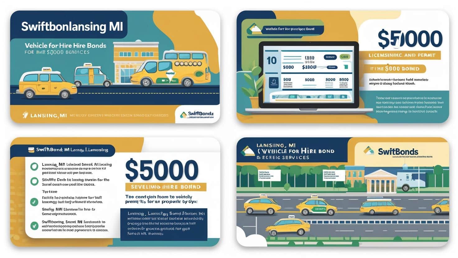 Infographic of Lansing, MI vehicle-for-hire bond requirements featuring taxis, application steps, and bond coverage.