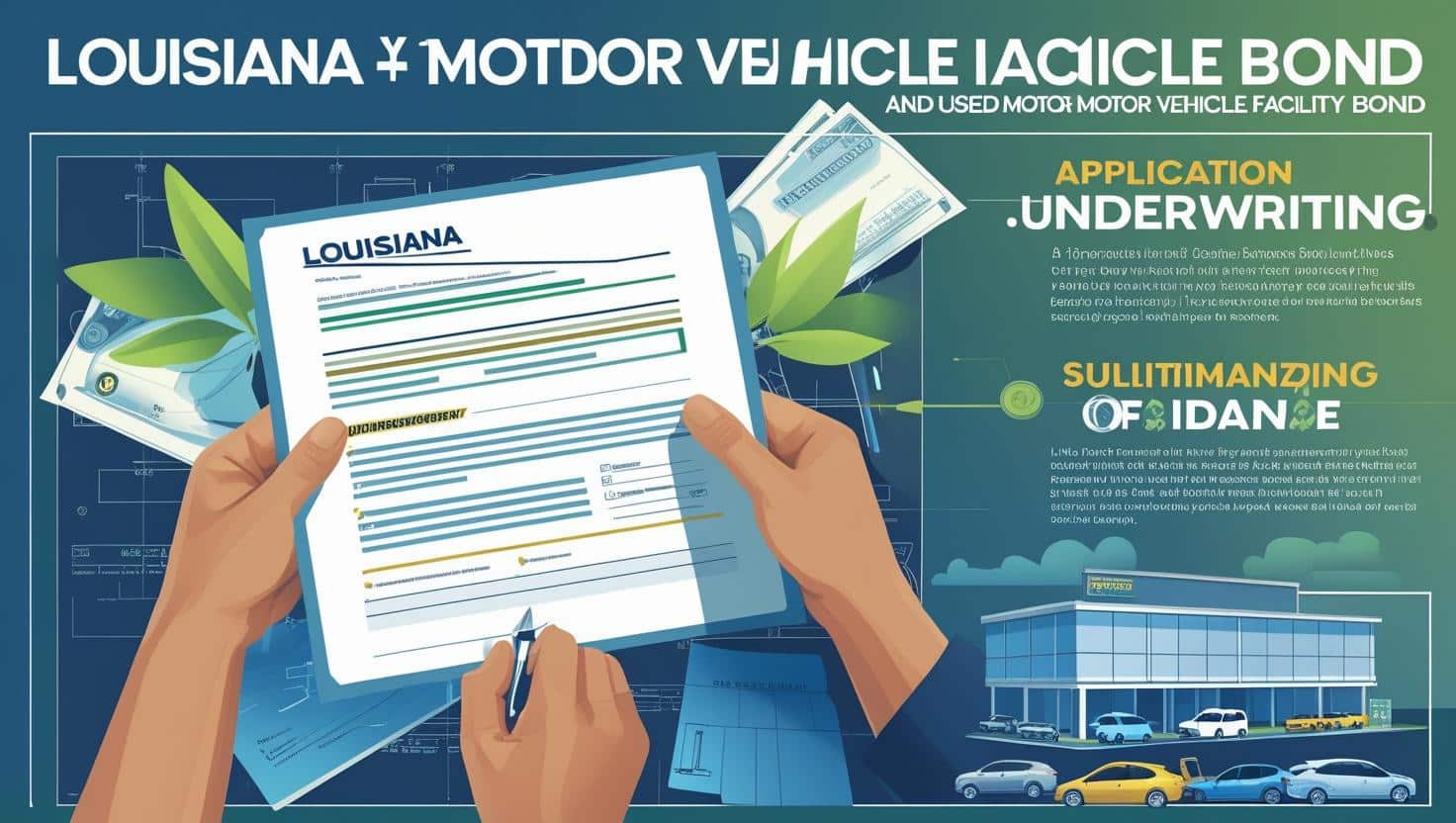 Illustration of Louisiana motor vehicle bond application, underwriting, and issuance process with documents.