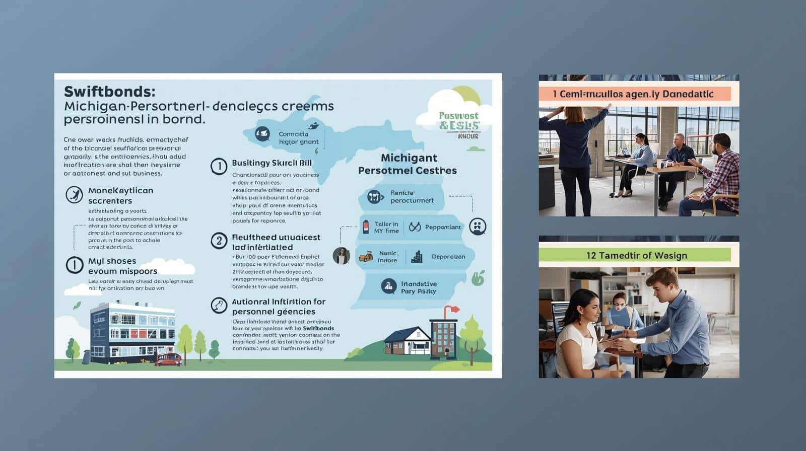 Visual guide explaining Michigan personnel agencies bond compliance with illustrations of teamwork and training.