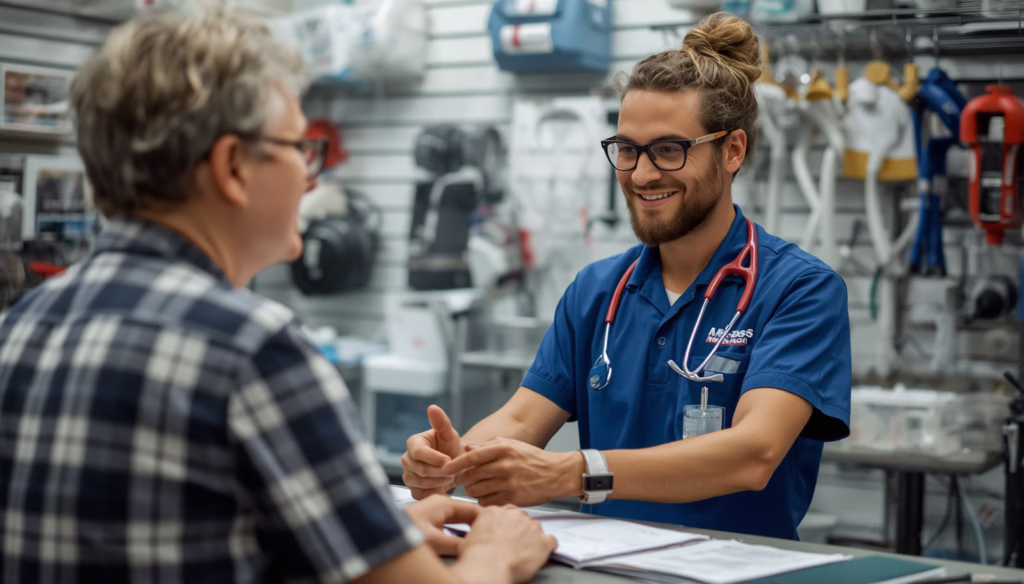 DMEPOS specialist assisting a patient with medical equipment services while discussing regulatory compliance under the Maine Medicare Supplier Bond.
