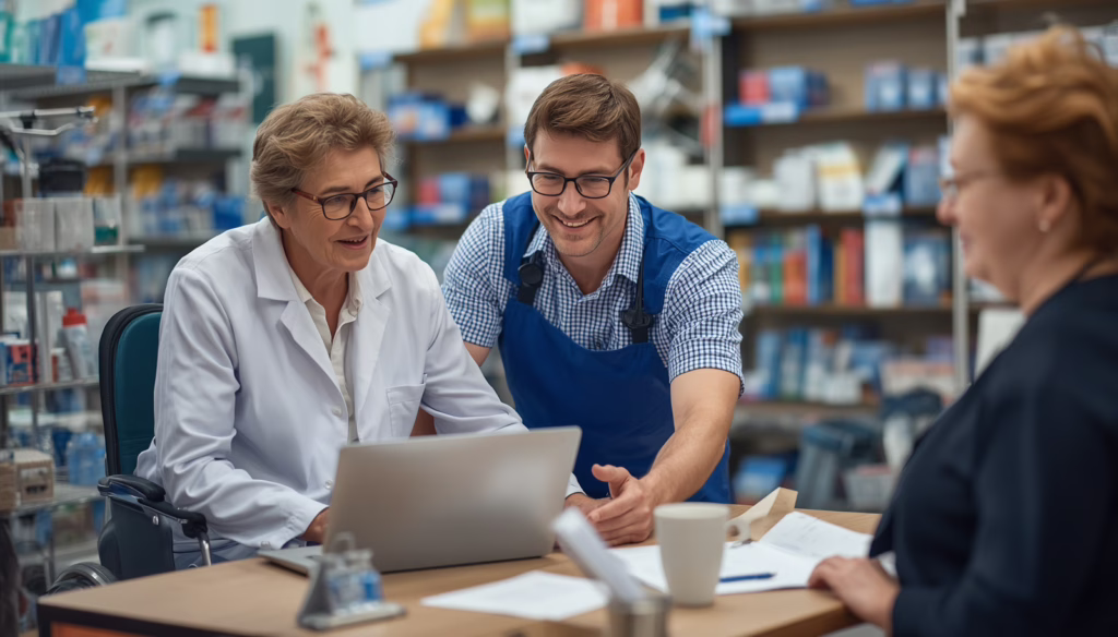 Medical professionals reviewing Medicare supplier documentation and compliance procedures in a Maine healthcare equipment facility for the Maine Medicare Supplier Bond.