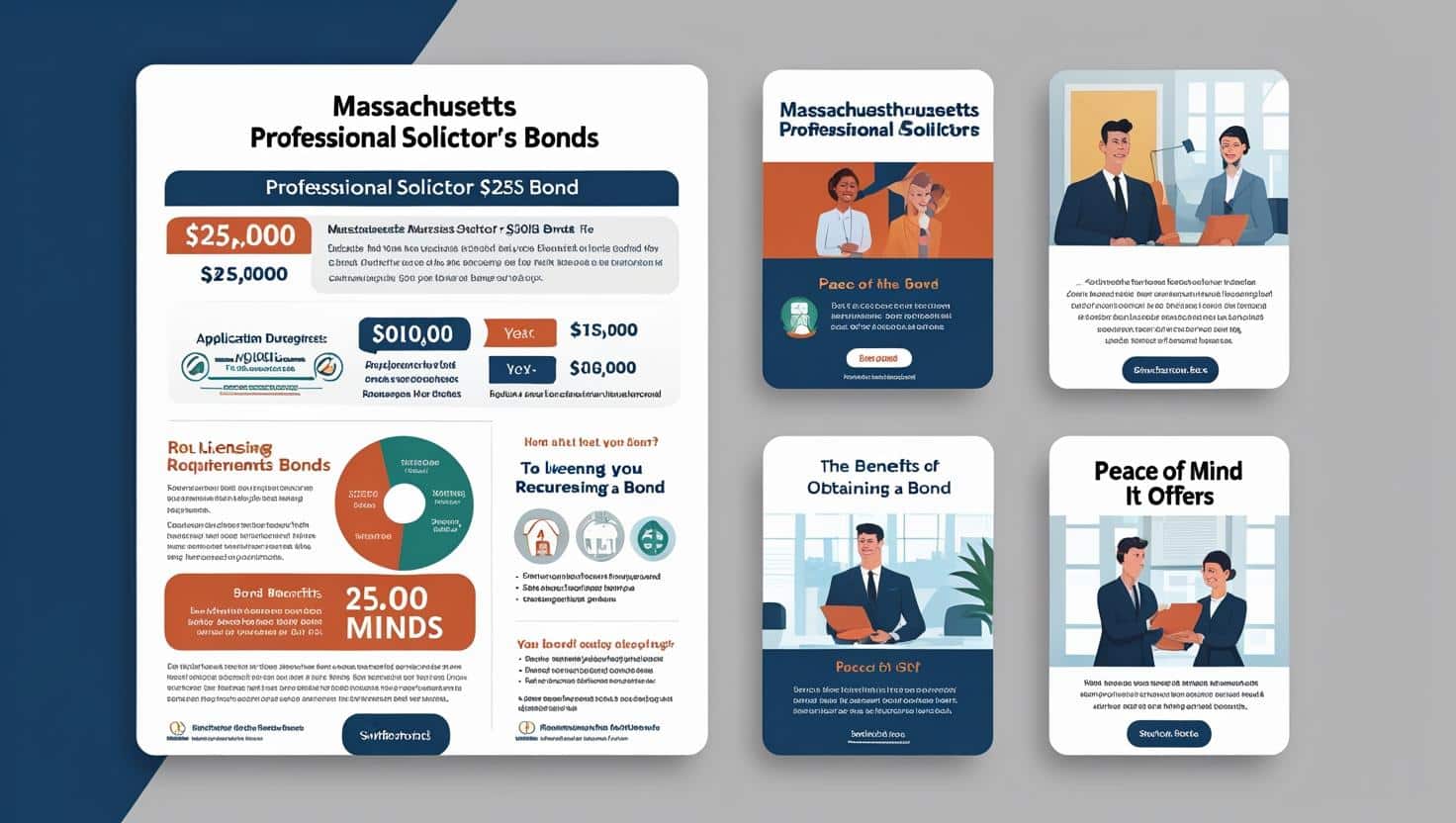 A four-panel image with various layouts for Swiftbonds' Illinois Insurance Producer and Business Entity Bonds, featuring a website interface and businesspeople.