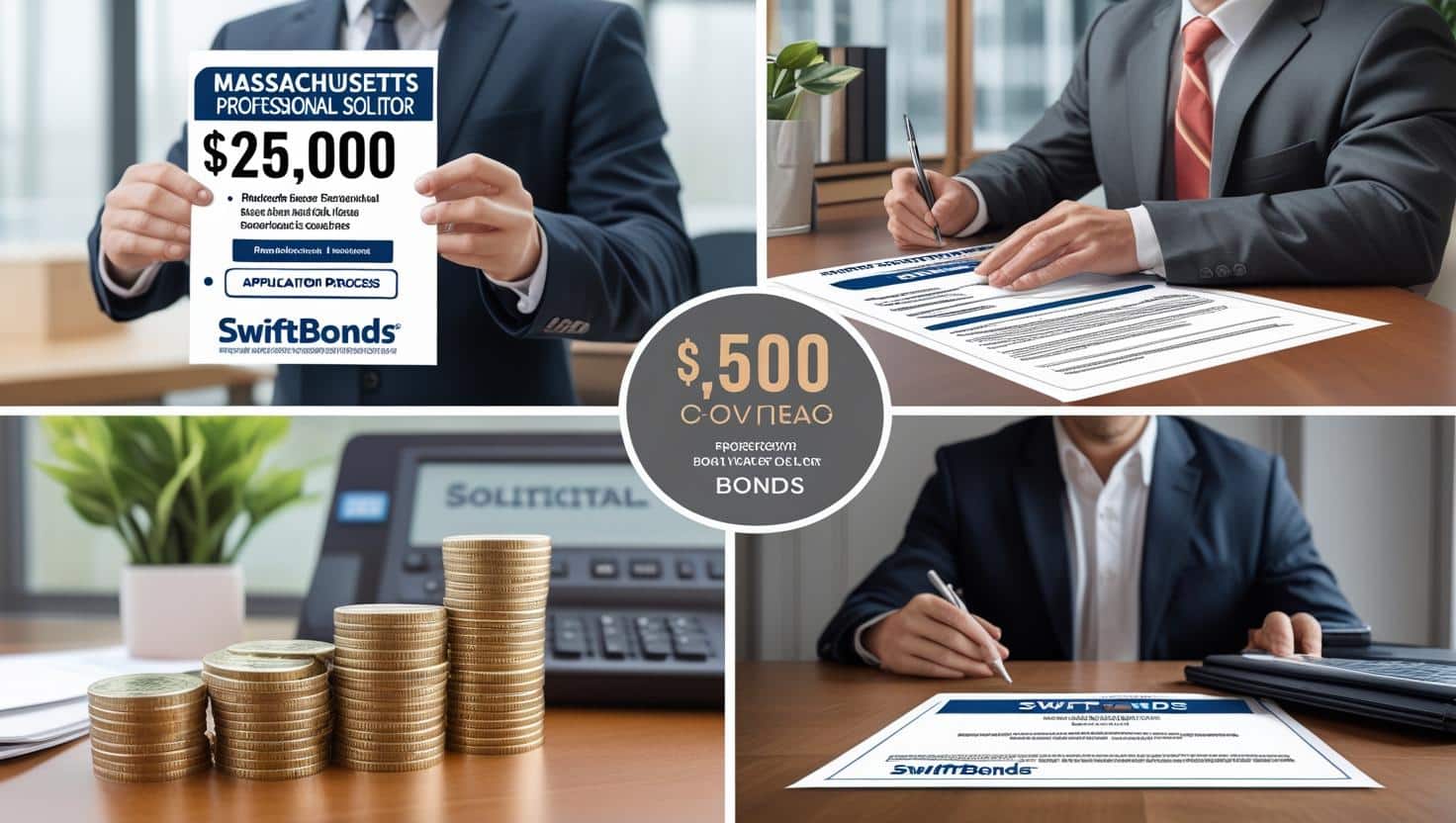 A four-panel image showcasing Swiftbonds' Massachusetts Professional Solicitor Bond, with visuals of a man holding a sign, a man signing a document, and a stack of coins.