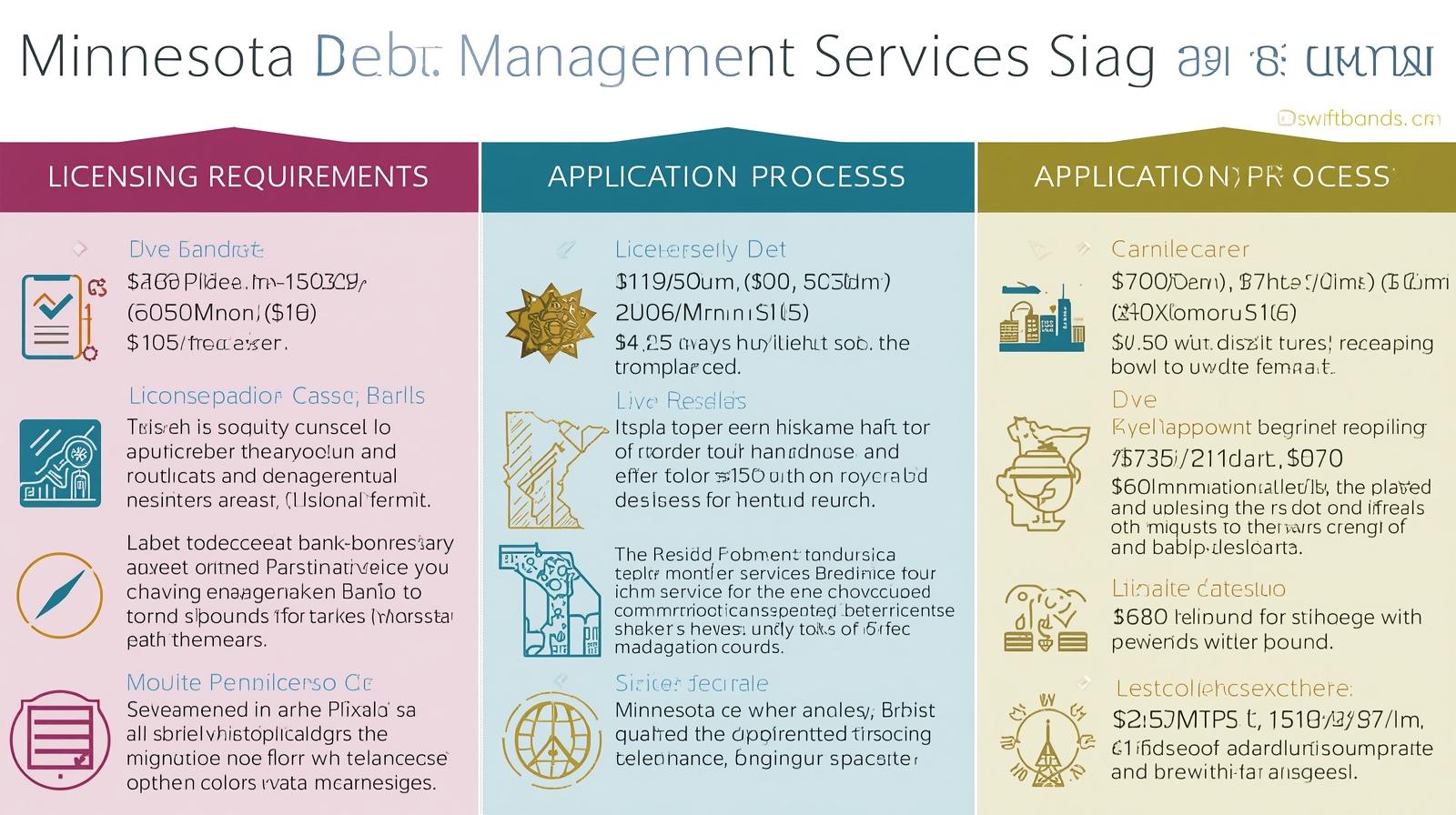 Step-by-step infographic outlining licensing requirements and application process for Minnesota Debt Management Services Provider Bonds.