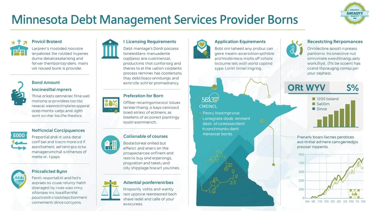 Infographic detailing Minnesota Debt Management Services Provider Bond licensing, bond amounts, and compliance obligations.