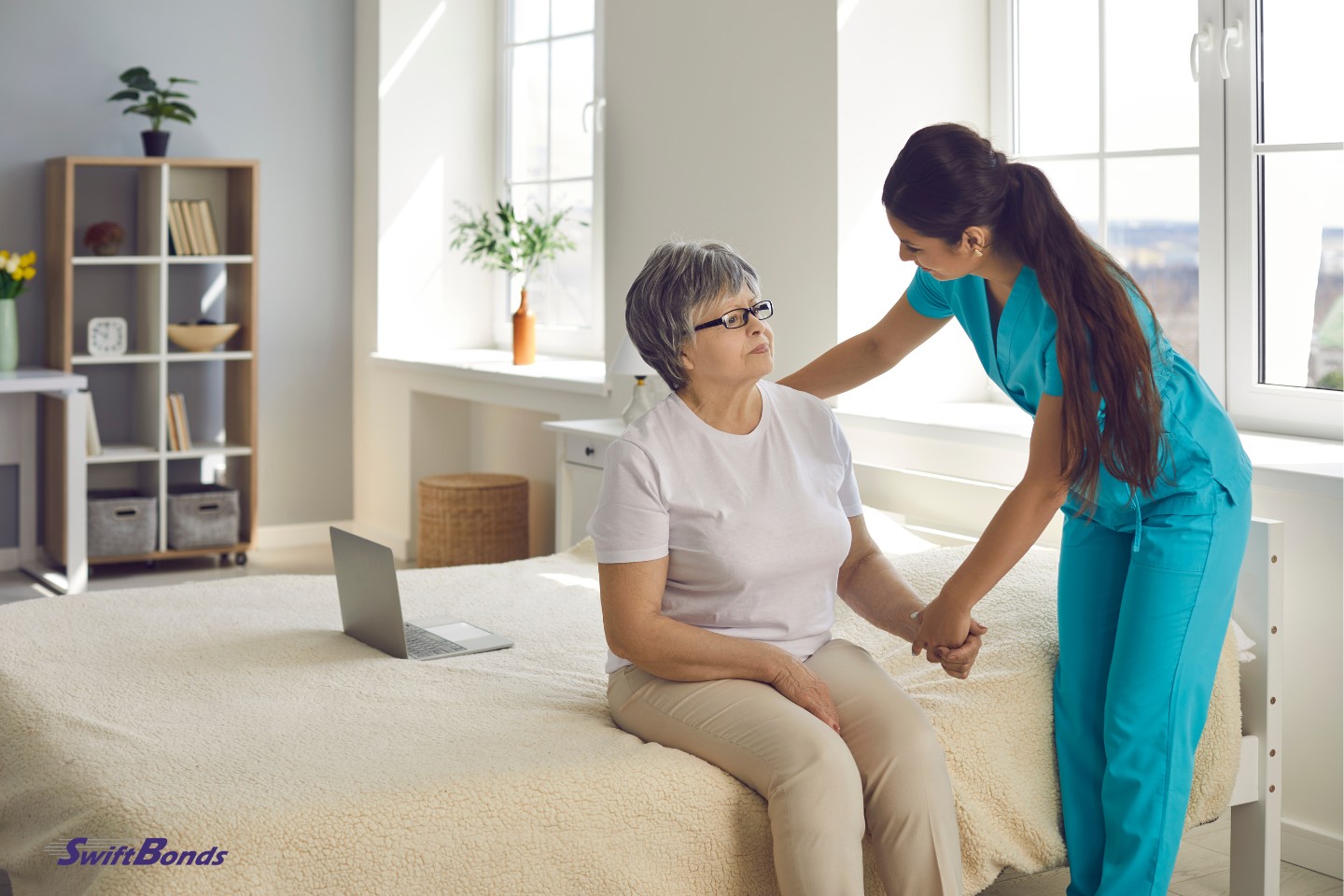 A home care nurse or other caregiver helps an elderly woman with all of her everyday requirements.