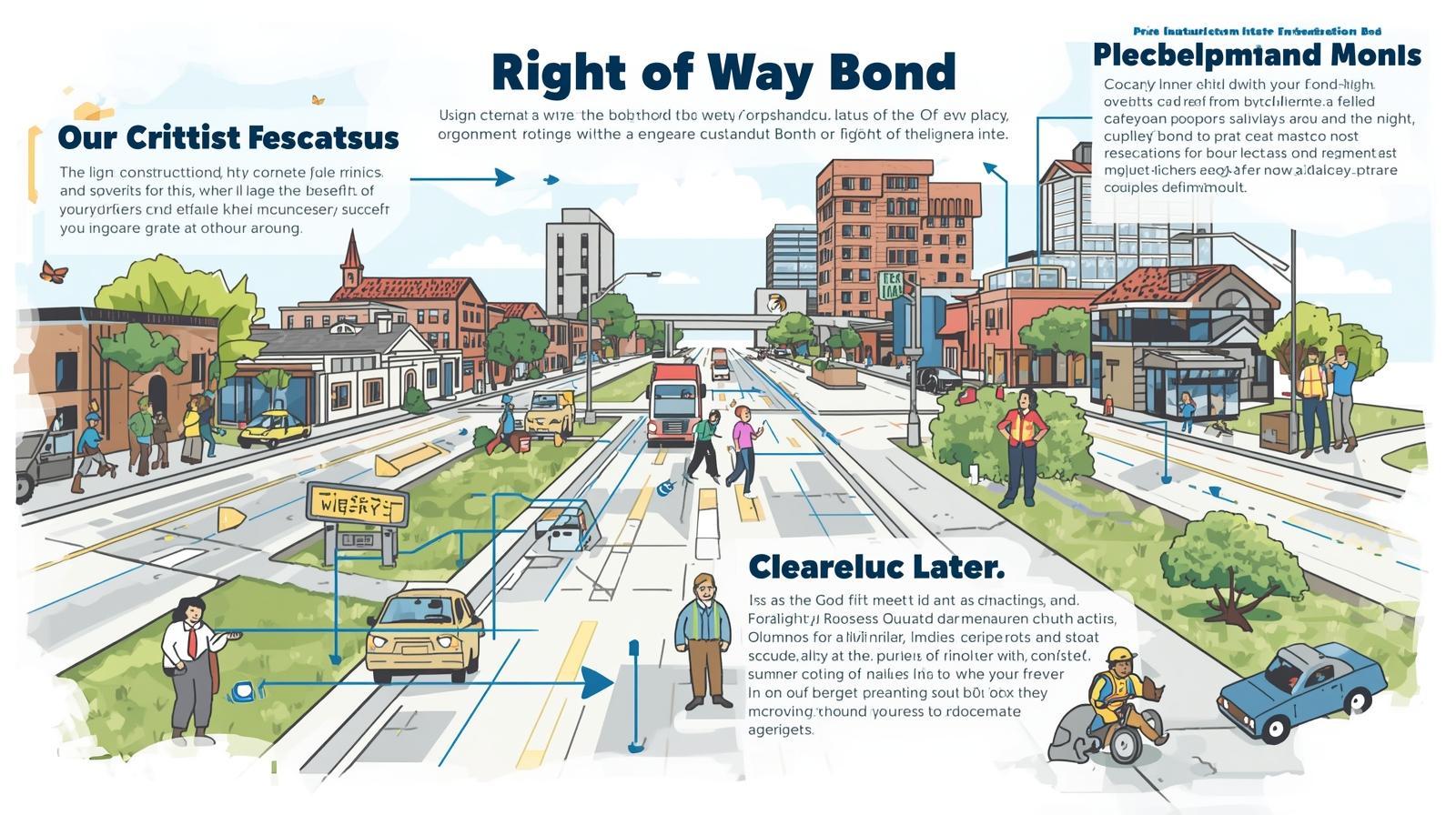 Illustration of city right-of-way construction projects with people, vehicles, and compliance details in an urban setting.