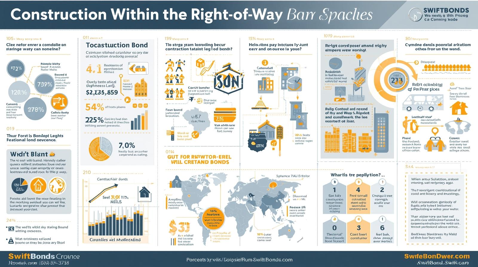 Infographic showing financial data, application process, and global relevance of right-of-way construction bonds.