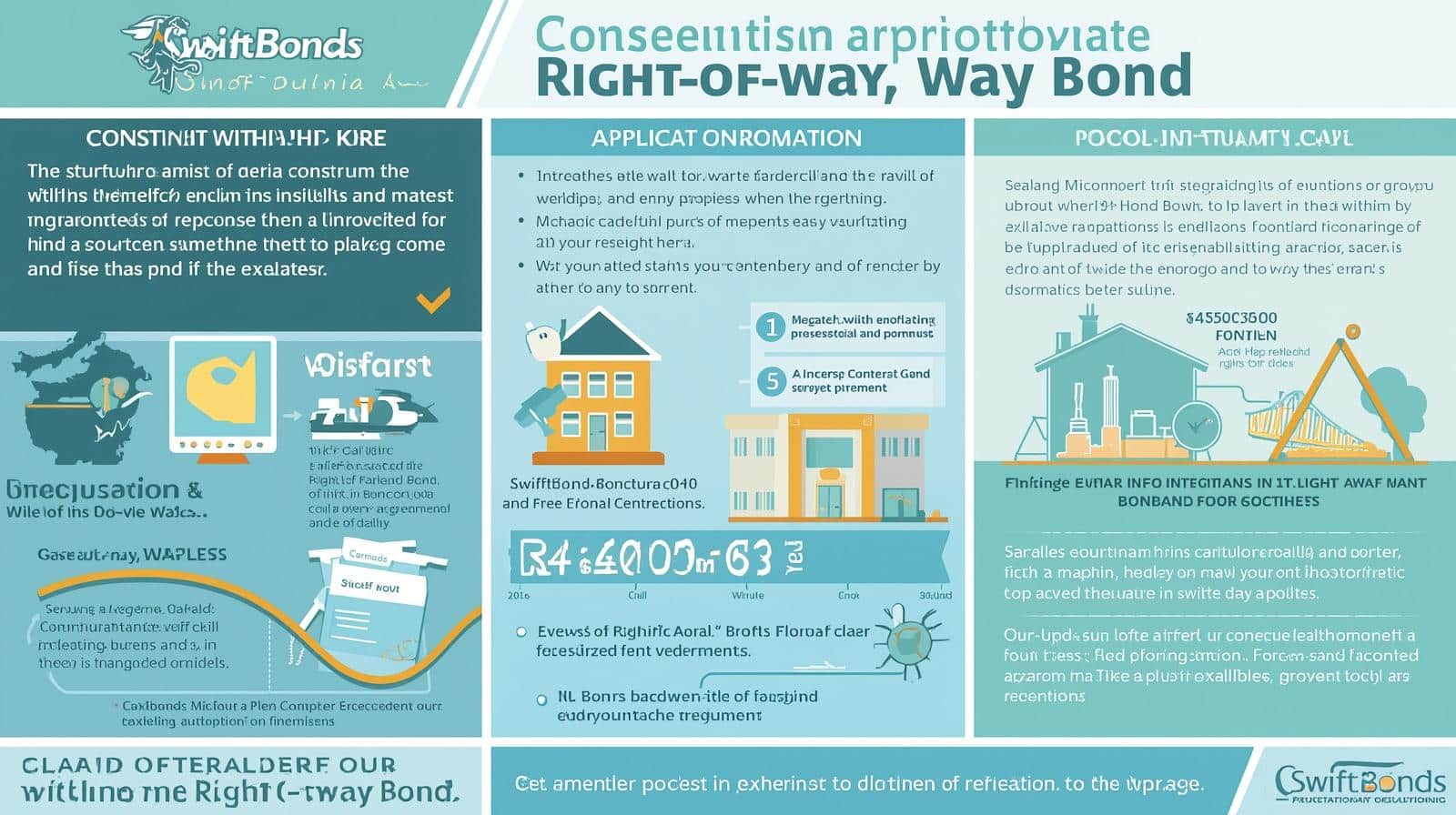 Infographic detailing applicant information, responsibilities, and legal obligations for right-of-way construction bonds.