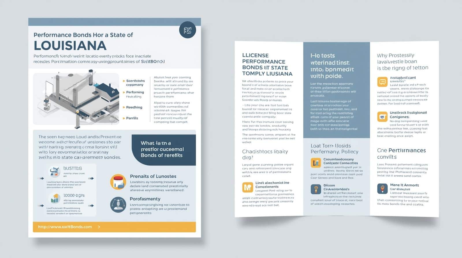 Brochure layout describing performance bonds in Louisiana with sections on licensing, benefits, and compliance details.