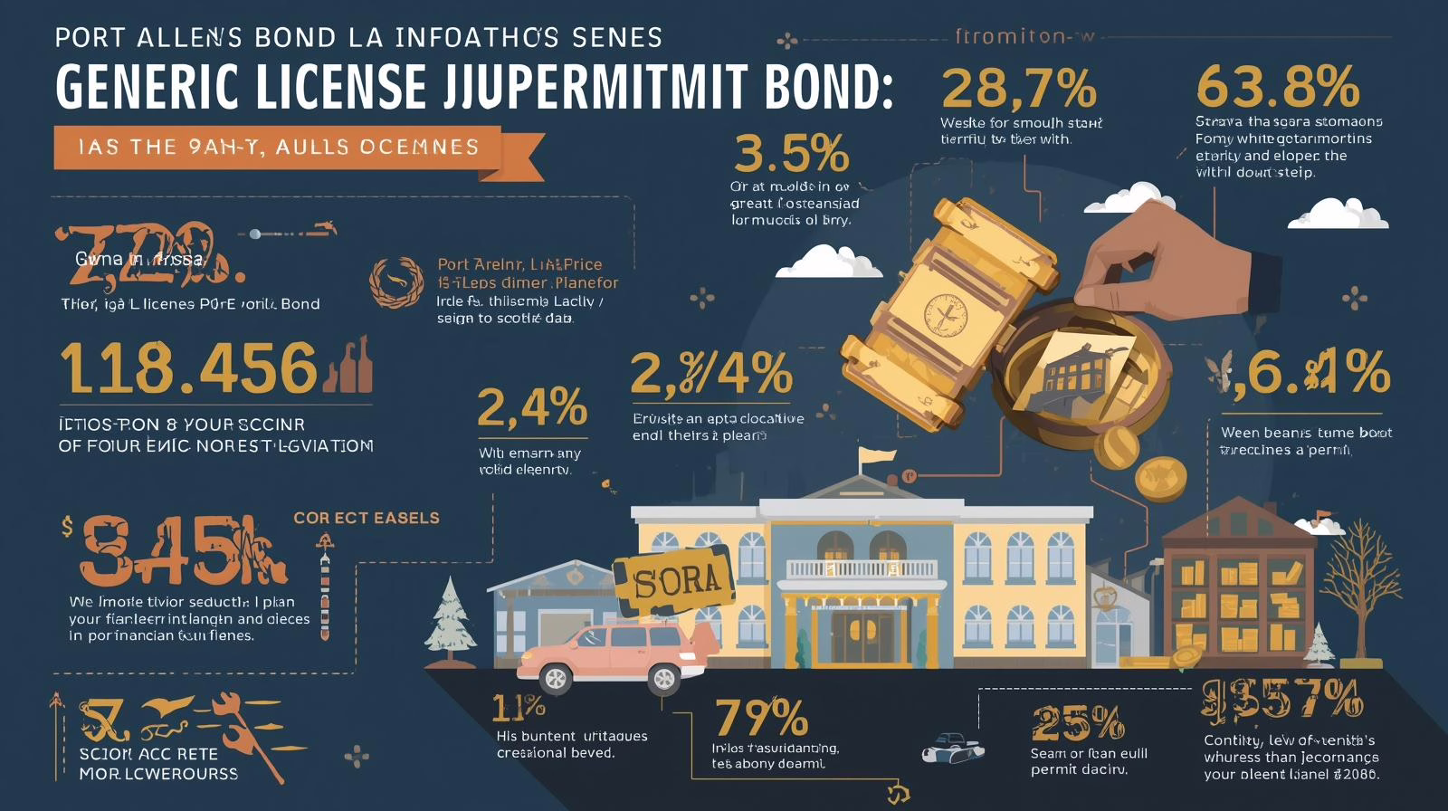 Data-driven infographic with percentages, figures, and visuals explaining the Port Allen, LA Generic License and Permit Bond.