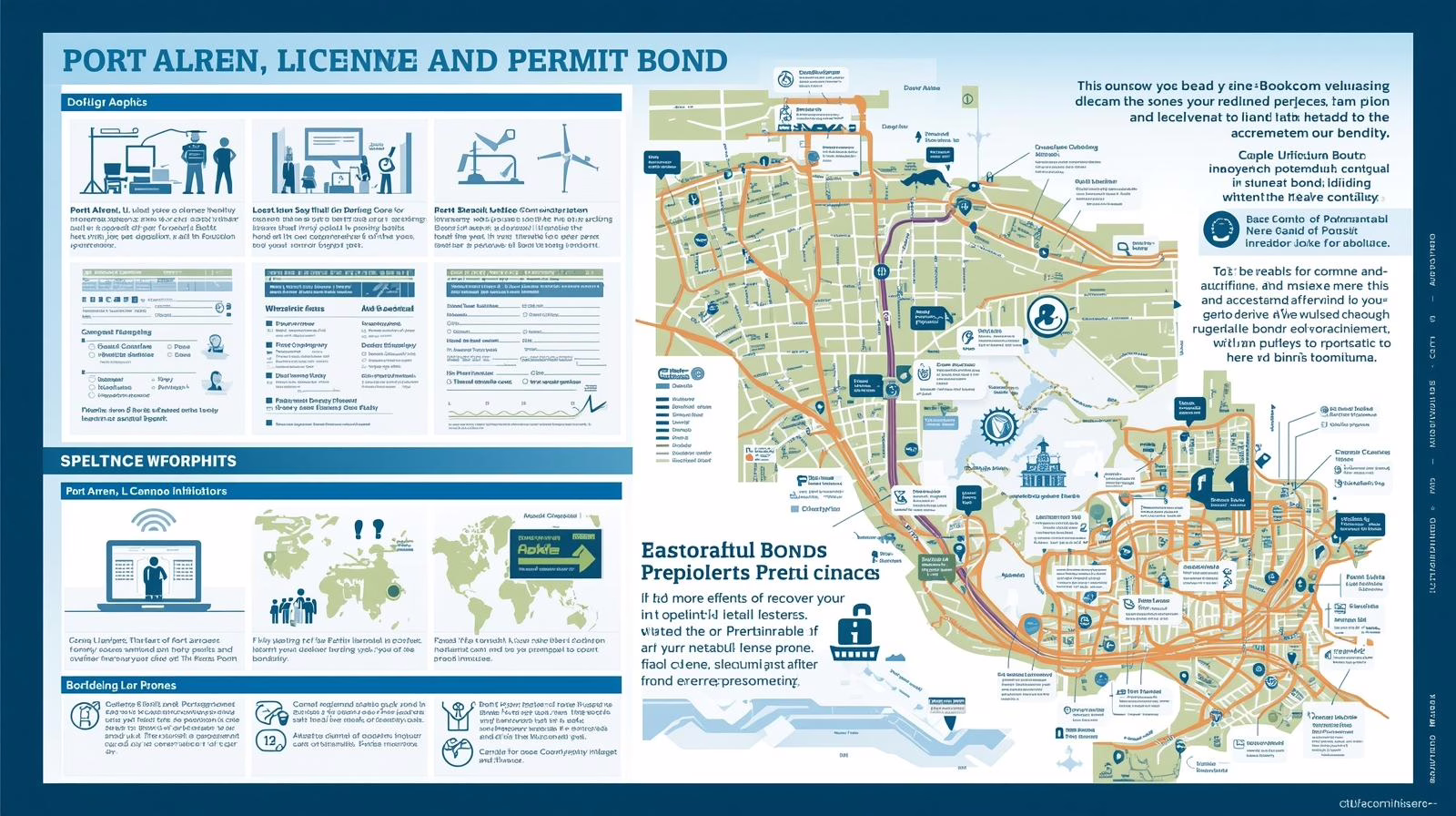 Map-based infographic outlining regulations, licensing requirements, and key points of the Port Allen, LA Permit Bond.