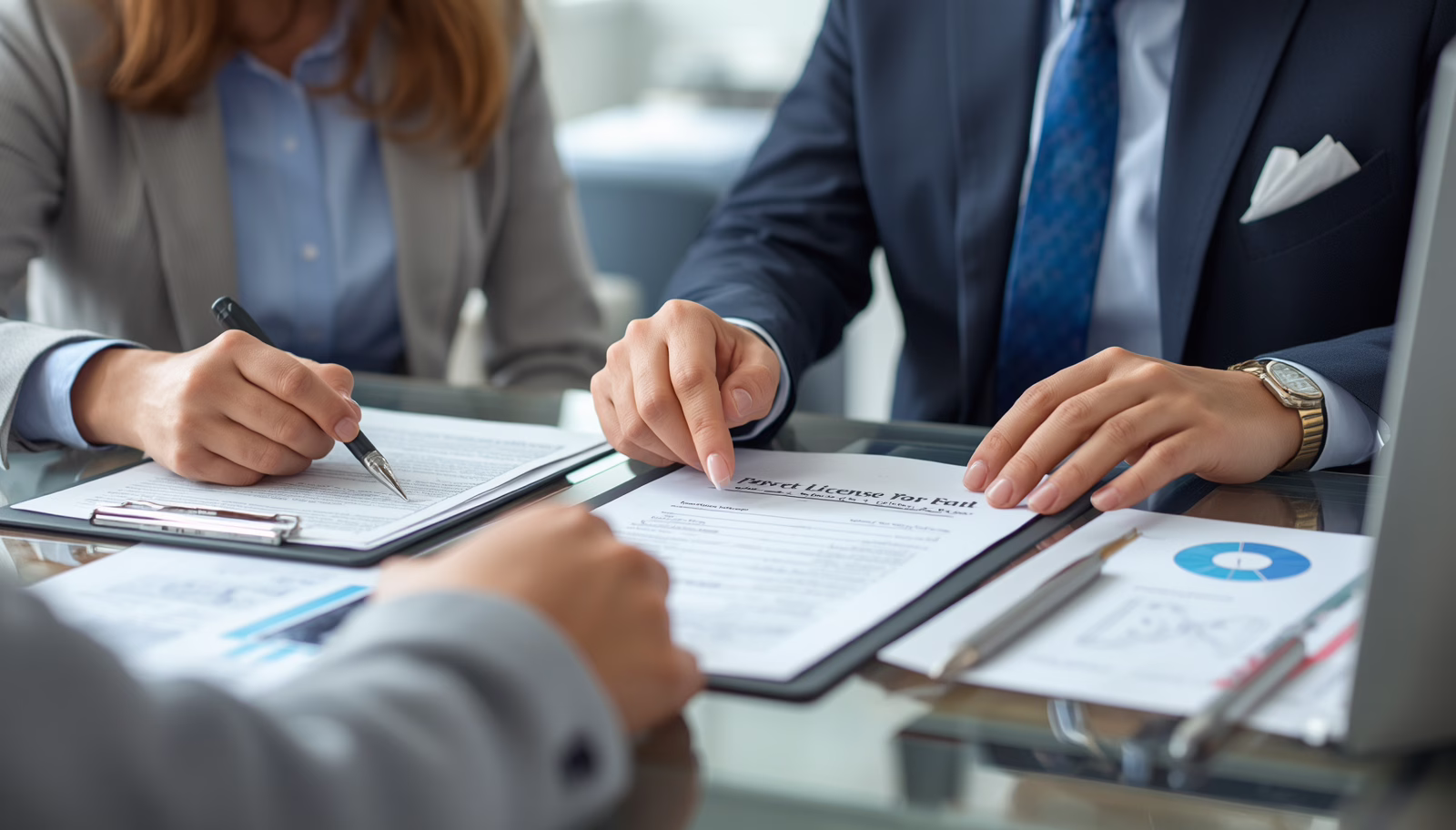 Clients and advisors signing permit and licensing forms during the Portland, ME License and Permit Bond approval process.