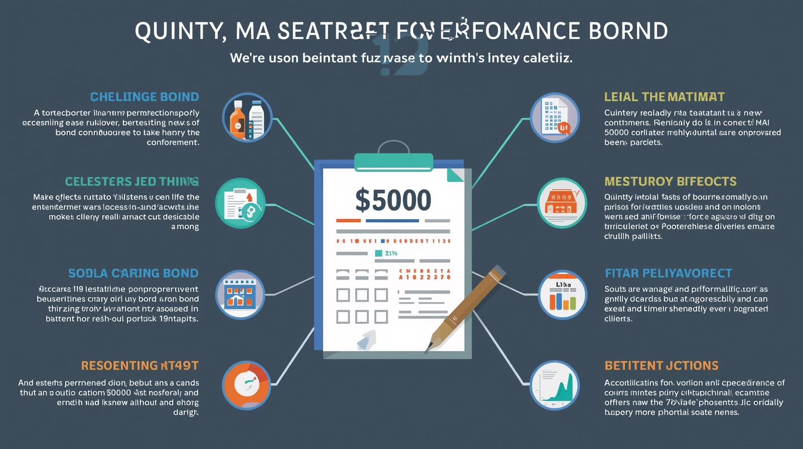 Infographic showing Quincy, MA $5,000 contractor performance bond details with icons for compliance, risks, and benefits.