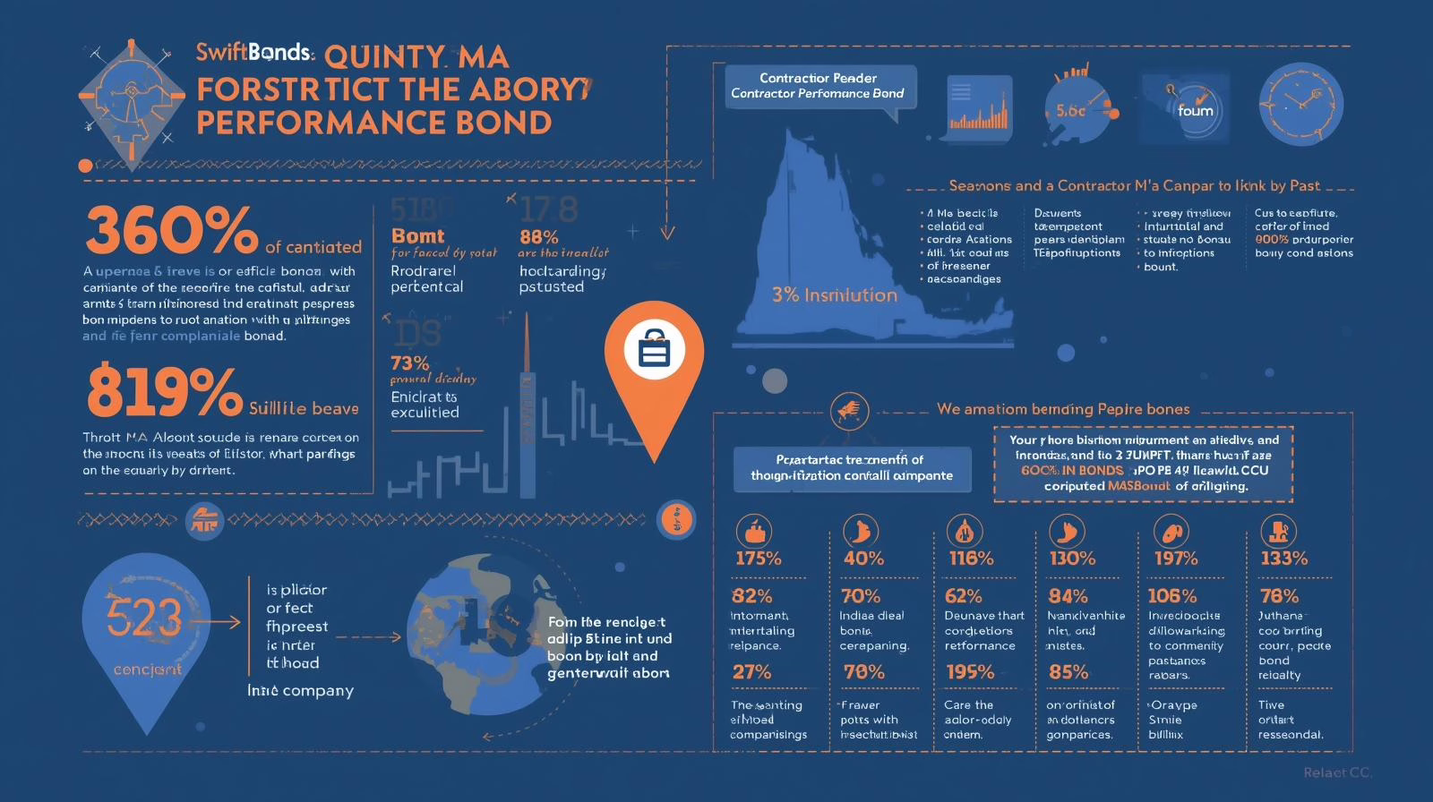 Visual infographic highlighting Quincy, MA contractor performance bond statistics, requirements, and financial impacts.