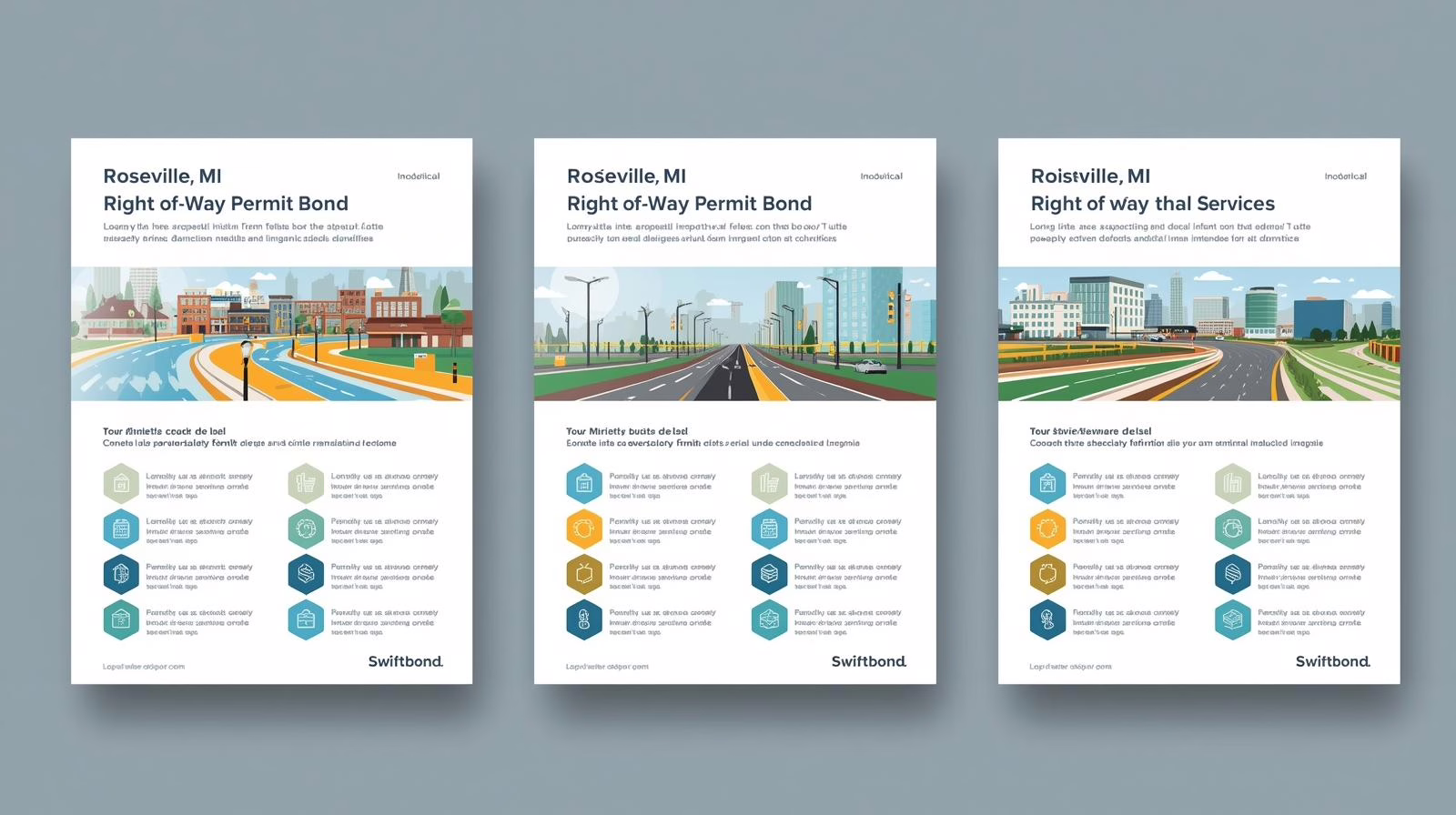 Poster-style infographic highlighting Roseville, MI right-of-way permit bond requirements and benefits.