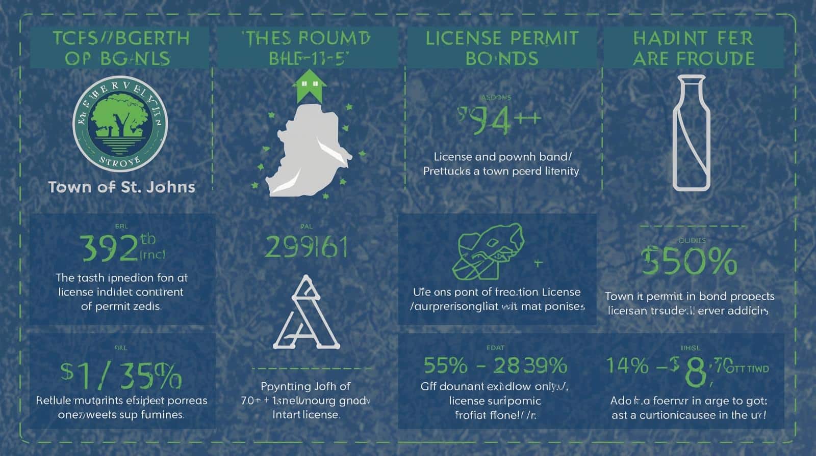 Green-themed infographic highlighting statistics, protections, and financial aspects of the Town of St. John, IN Generic License & Permit Bond.