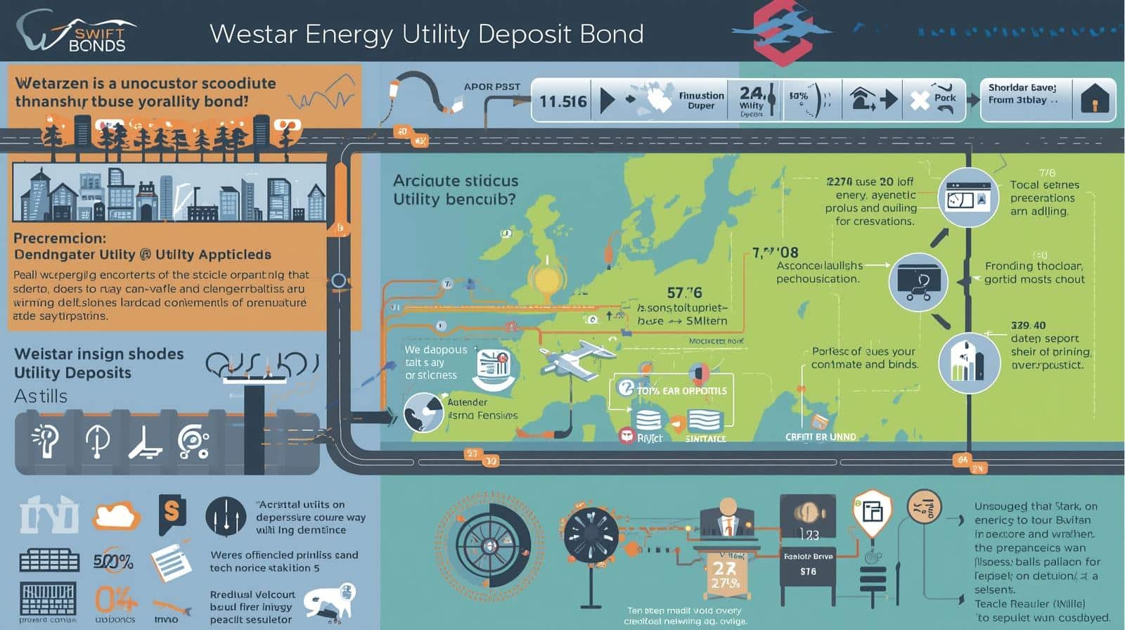 Infographic showing how the Westar Energy Utility Deposit Bond secures utility payments with visuals of energy flow, deposits, and customer protection.